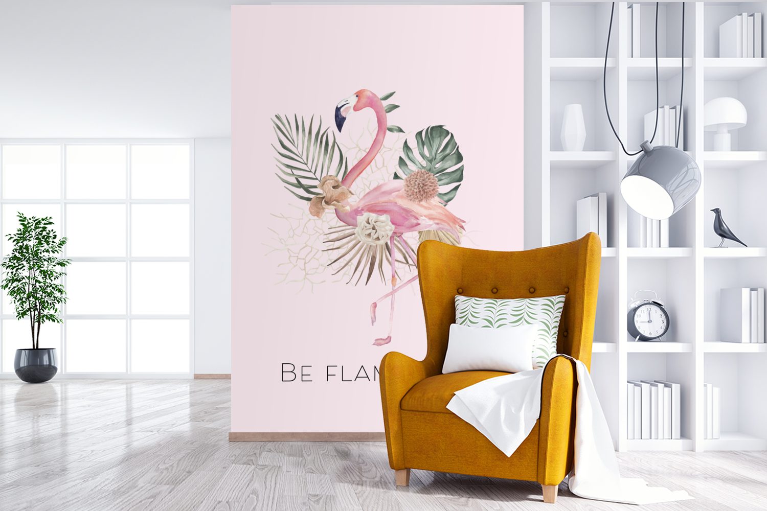 Flamingo Blumen Zitate, für bedruckt, Fototapete Tapete Wohnzimmer, Matt, MuchoWow - St), Montagefertig Vinyl - (3 Wandtapete