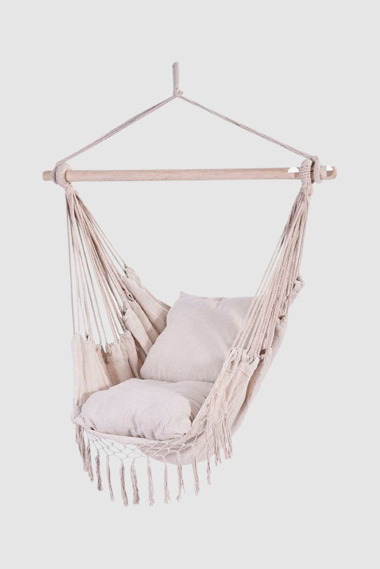 MarieAnn No.25 Hängesessel Hängesessel Makramee creme mit 2 Kissen 150 kg, Bequemer Lounge Sessel