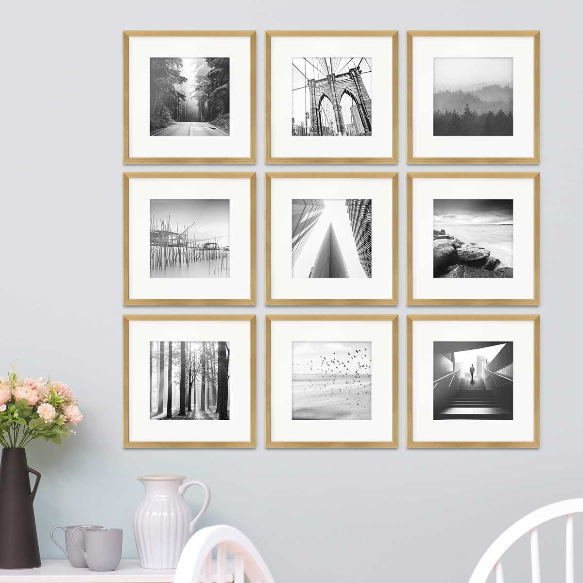 PHOTOLINI Bilderrahmen 9er Set 30x30 cm Modern Schmal mit Passepartout Gold