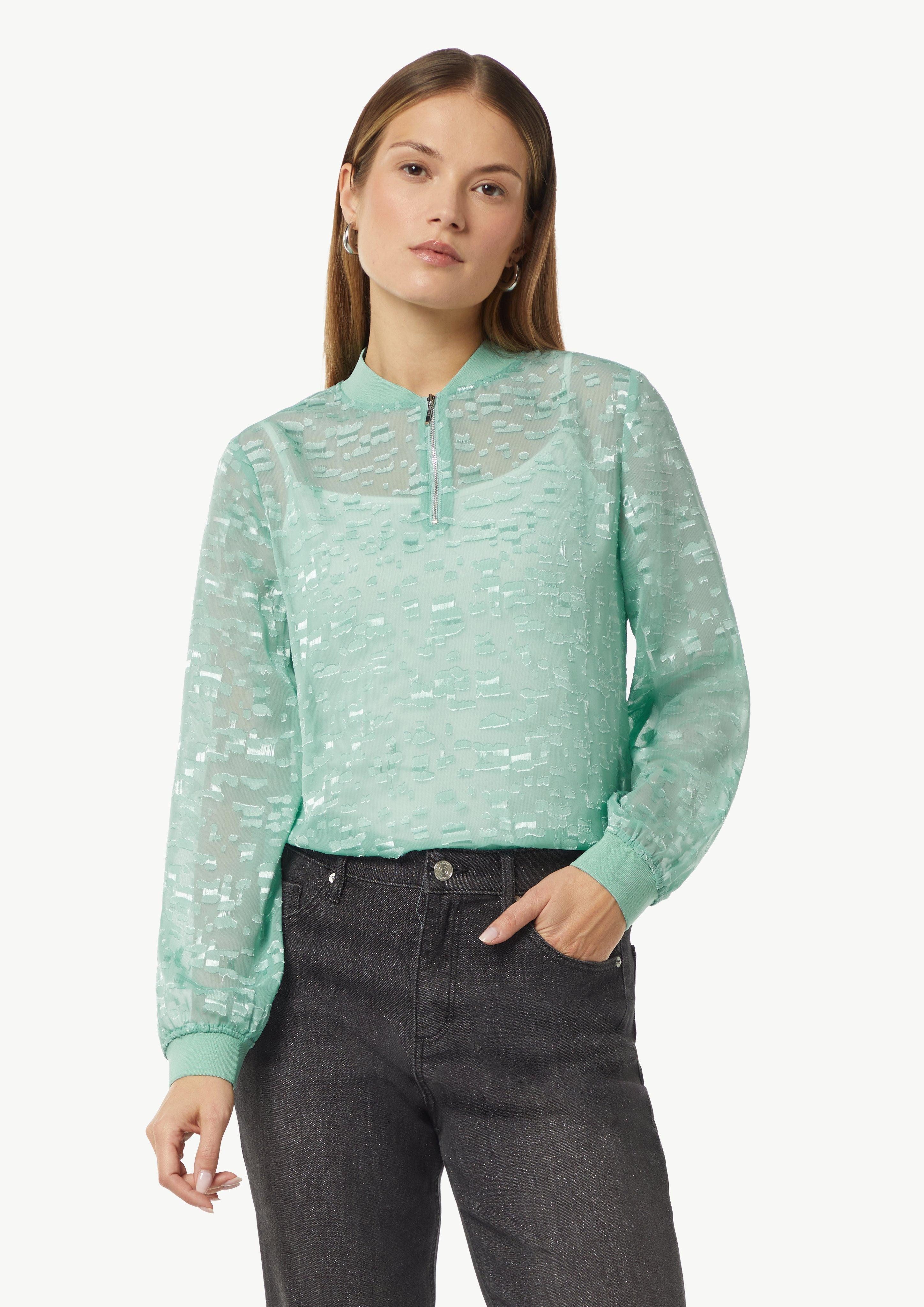 Langarmbluse Transparente Jacquard-Bluse mit Zip-Ausschnitt