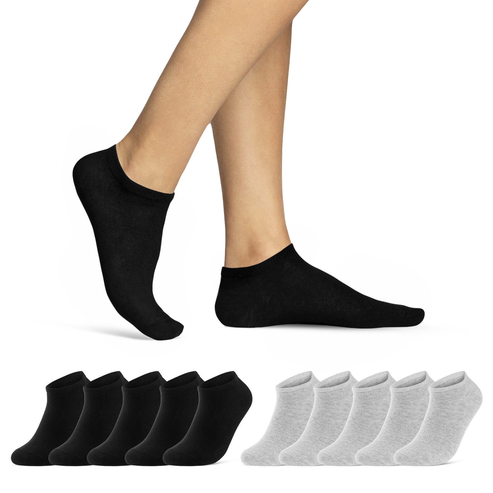 sockenkauf24 Sneakersocken 10, 20, 30 Paar Sneaker Socken Damen & Herren Schwarz Weiß Grau (5xSchwarz, 5xGrau, 10-Paar, 35-38) Baumwolle - 16900 WP
