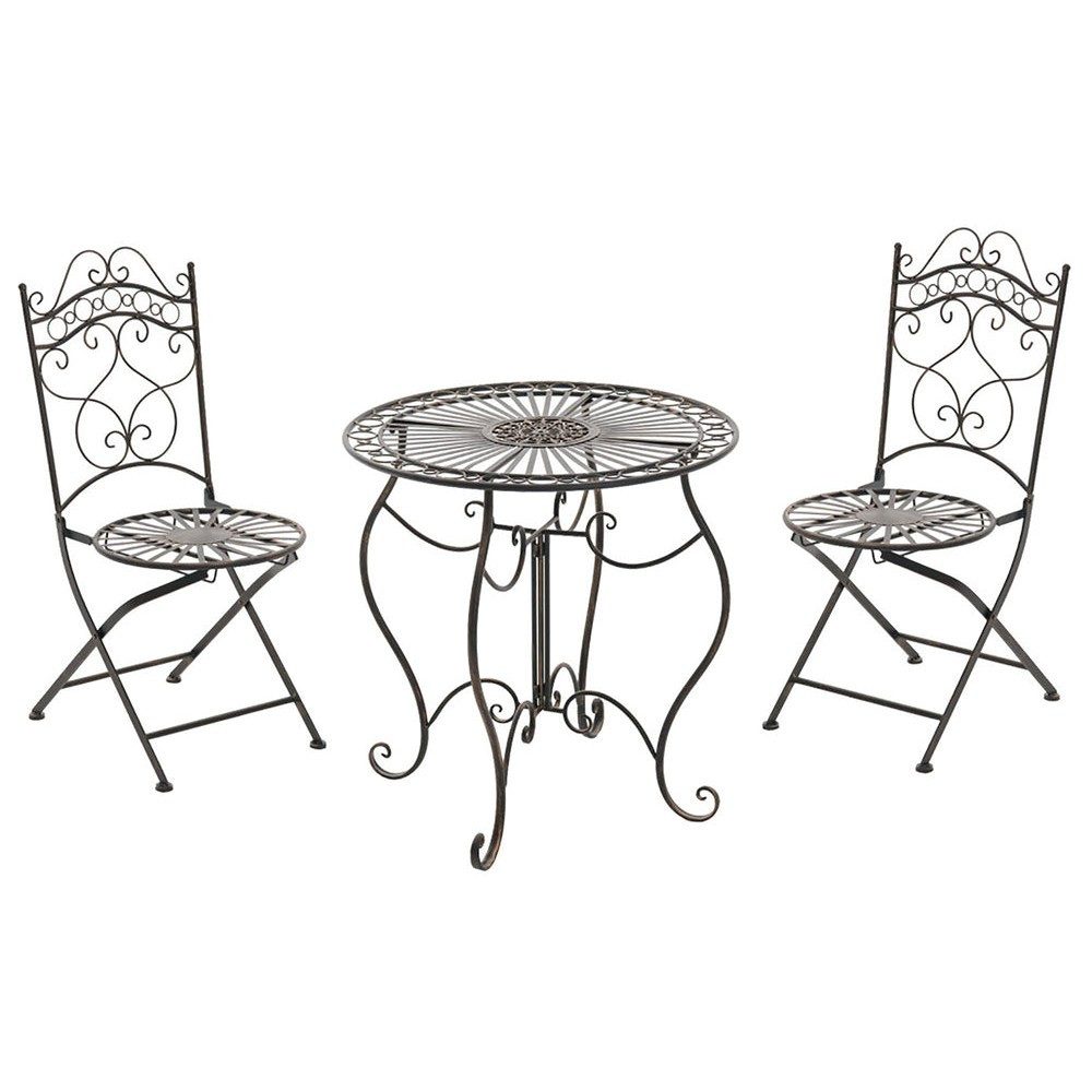 CLP Sitzgruppe Gartengarnitur Balkongarnitur Bistrogarnitur, (Spar-Set, 3-tlg., Ø 70 cm handgefertigt), handgefertigt, antike Patina, Eisen, klappbar