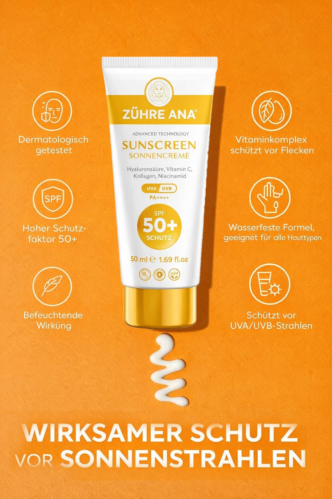 Zühre Ana® Sonnenschutzcreme Sonnencreme, Sensitive Sunscreen SPF 50+ UVA/UVB, Sonnenschutzmittel, Sensitive Sunscreen SPF 50+ UVA/UVB