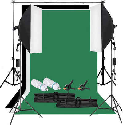 MVPower Fotohintergrund, Softbox-Studio-Set, Greenscreen-Set 2x3m Studiokulisse mit 2 Softboxen, 4 Fotoschirmen, 4X 135W E27 5500K Fotolampen und 1 Kulissenständersystem