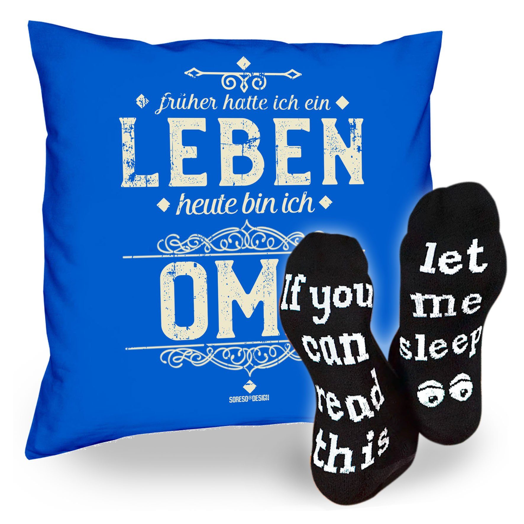 Soreso® Dekokissen Kissen Heute bin ich Oma & Sprüche Socken Sleep, Geschenk Geburtstagsgeschenk royal-blau