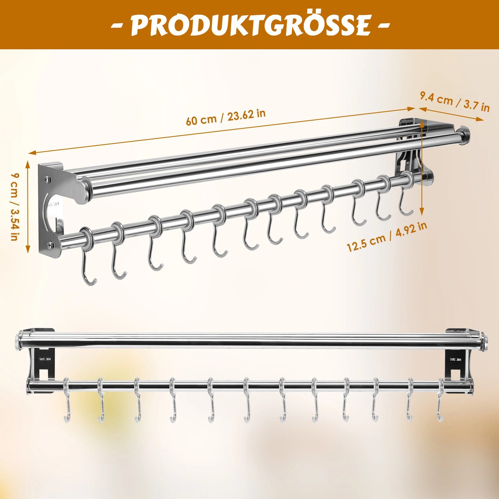 BlingBin Hakenleiste Edelstahl Küchenhakenleiste, Doppelte Hängeleiste mit 12 Haken, (1er Set, 1 St., Produktabmessungen: 60*9.4*9 cm), 60cm Wandhalterung Küchenutensilienhalter für Küche Badezimmer