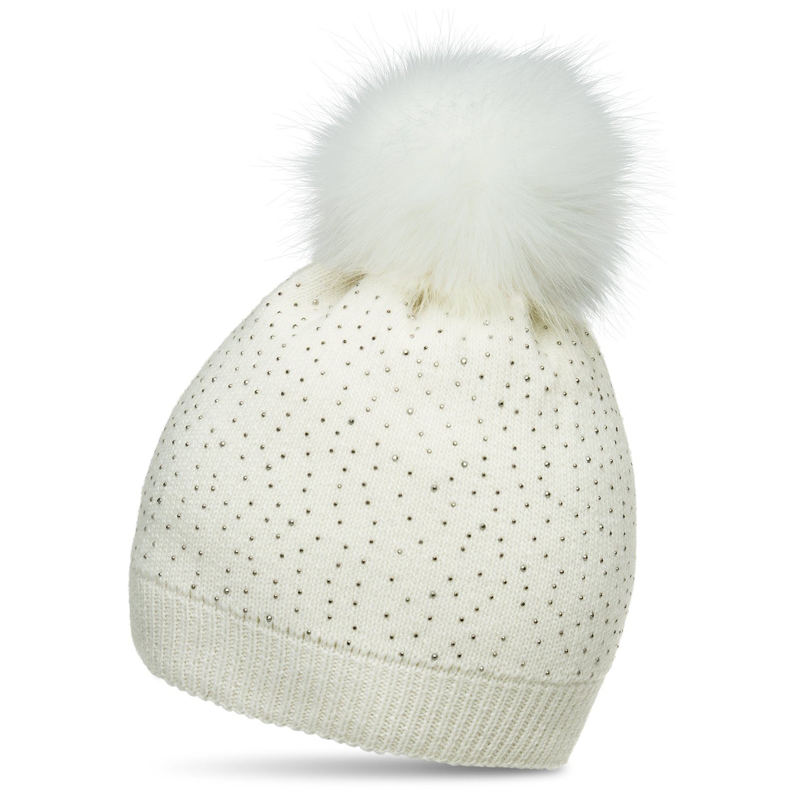 Caspar Bommelmütze MU191 Damen Fein Strick Winter Mütze mit Fellbommel und dezentem Glitzer Strass