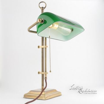 Licht-Erlebnisse Schreibtischlampe W2, ohne Leuchtmittel, Bankerlampe E27 50 cm Grün Echt-Messing Glas Zugschalter Jugendstil