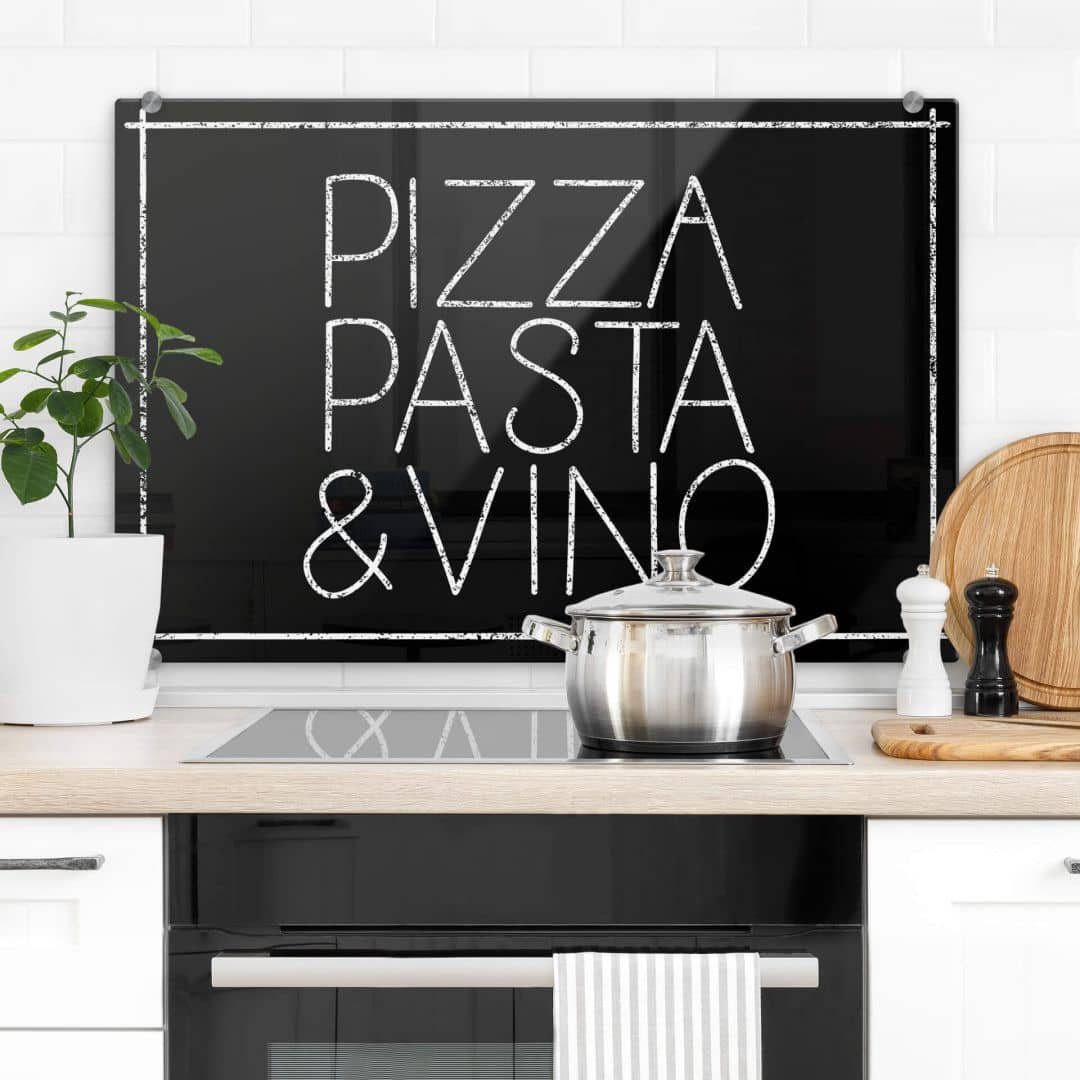 K&L Wall Art Gemälde Wandschutz Bild Glas Spritzschutz Herd Schriftzug  Pizza Pasta Vino, Küchenrückwand montagefertig