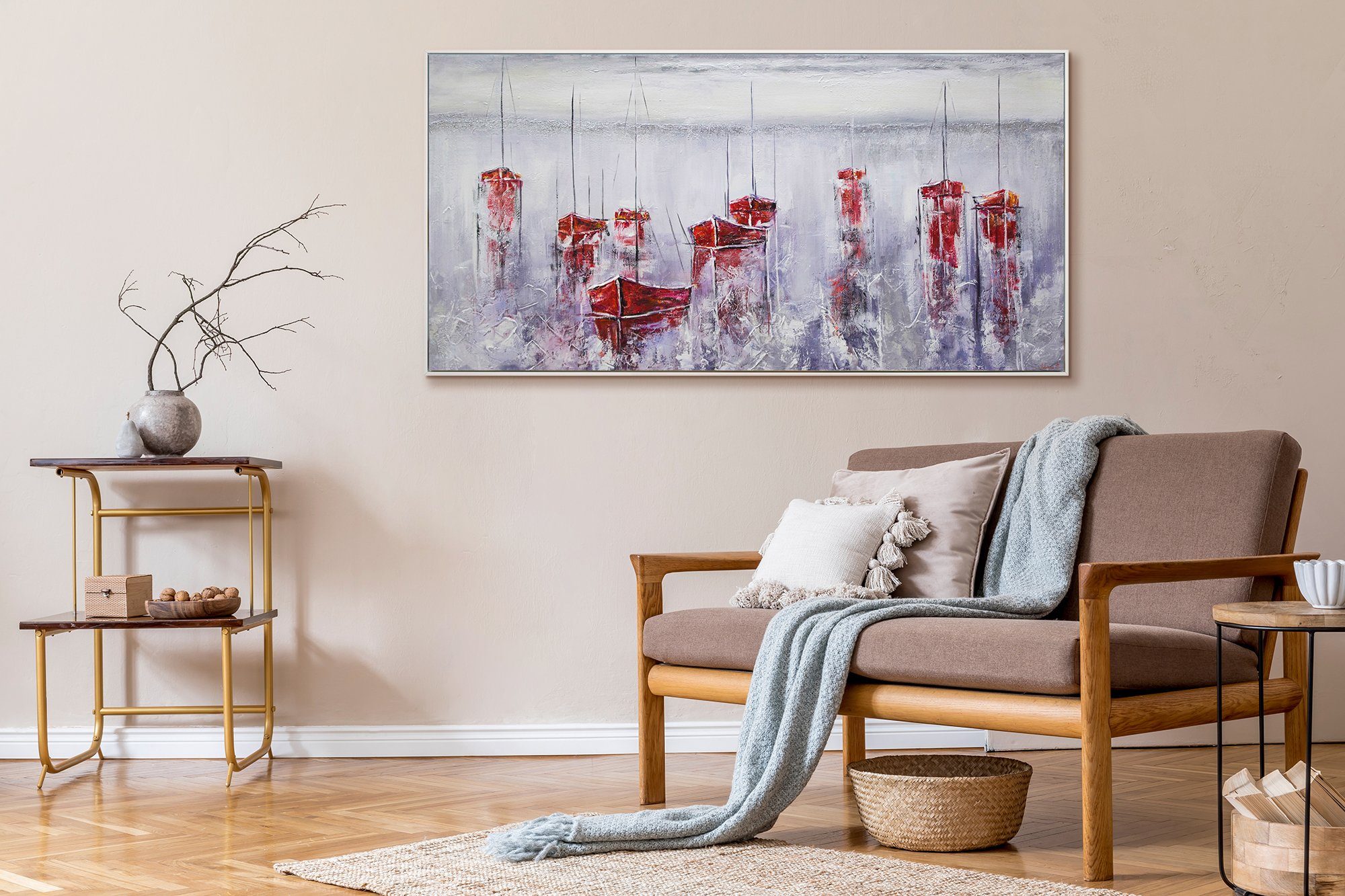 Rahmen YS-Art Hafen Landschaft, Rot Segelboote Mit Blau Hafen, Leinwand Weiß Gemälde in Meer Bild Handgemalt Stiller
