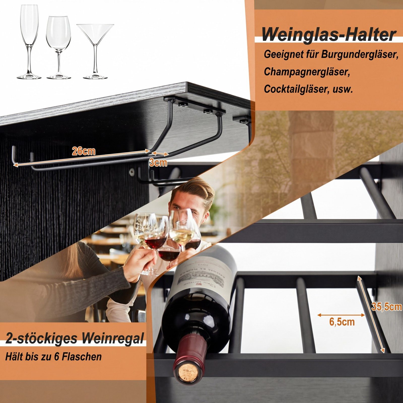COSTWAY Bartisch (3 TLG. mit Hockern), mit Weinregal & Halterungen
