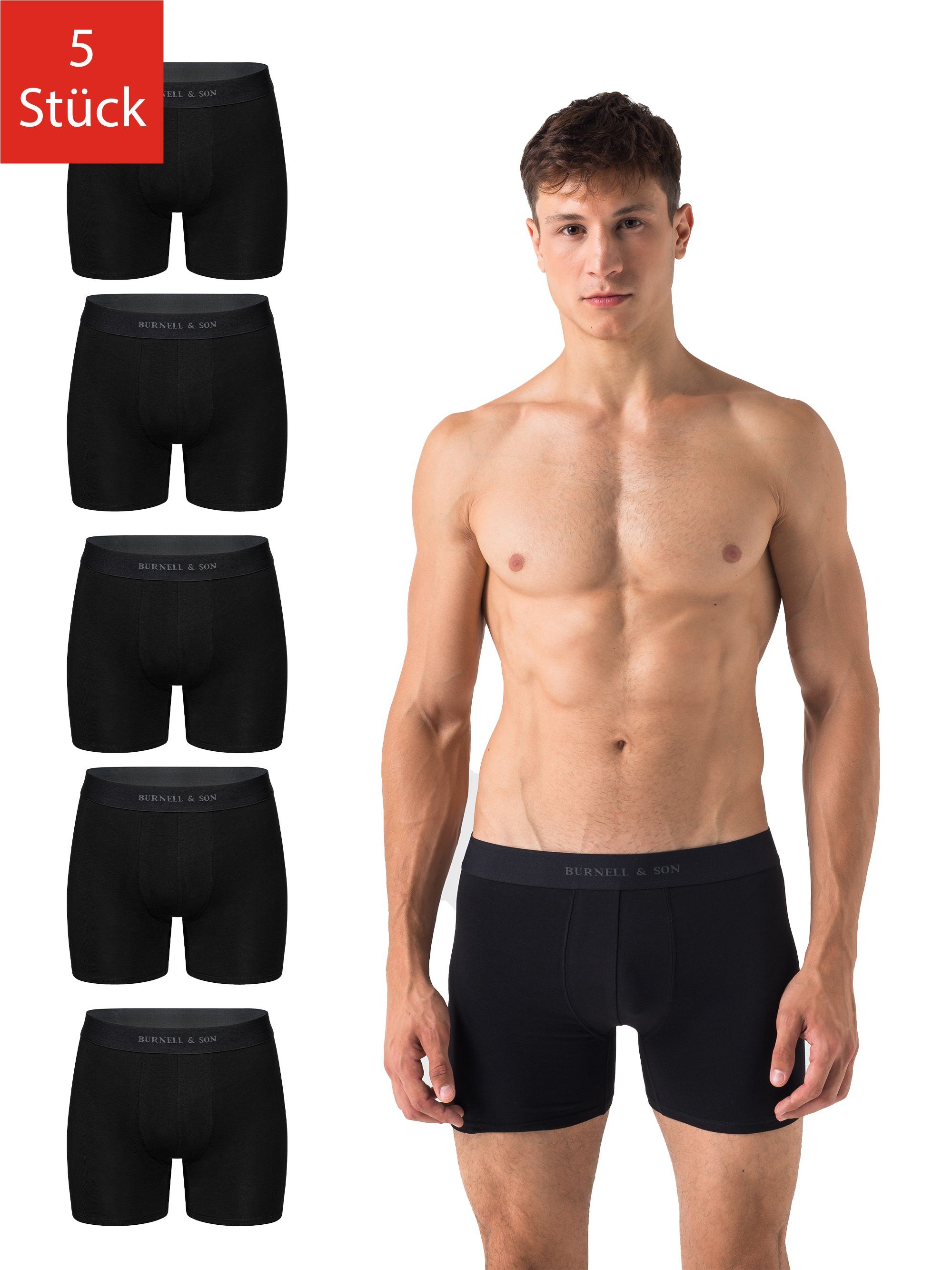 Burnell & Son Boxershorts Unterhosen aus Baumwolle für Herren Männer (Packung, Set, Spar-Pack, Spar-Packung, Spar-Set, 5-St., 5er-Pack) mit Komfortbund Schwarz