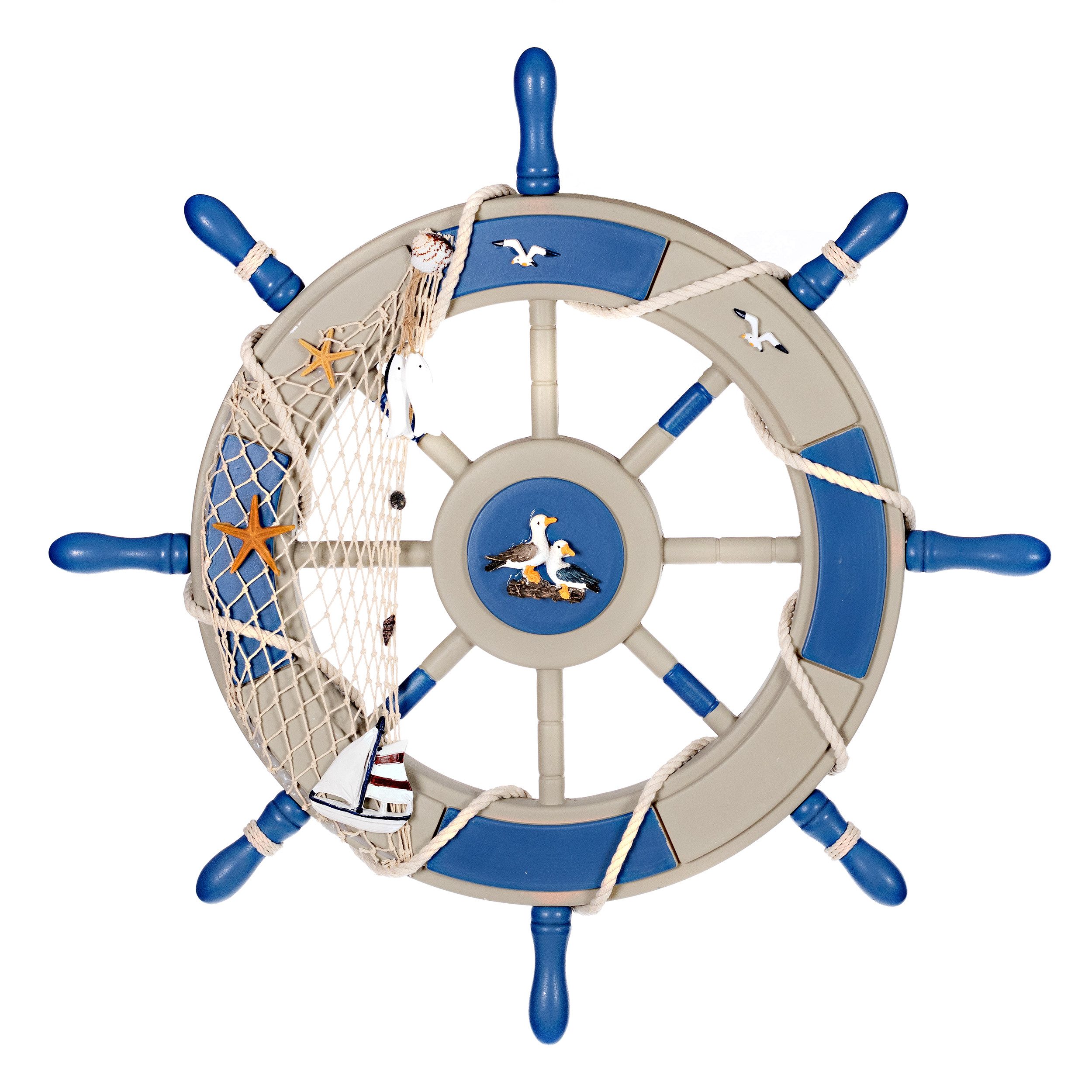 BIRENDY Dekoobjekt Steuerrad 10 aus Holz Nautik Optik Schiffsrad 45cm Anker Blau weiß