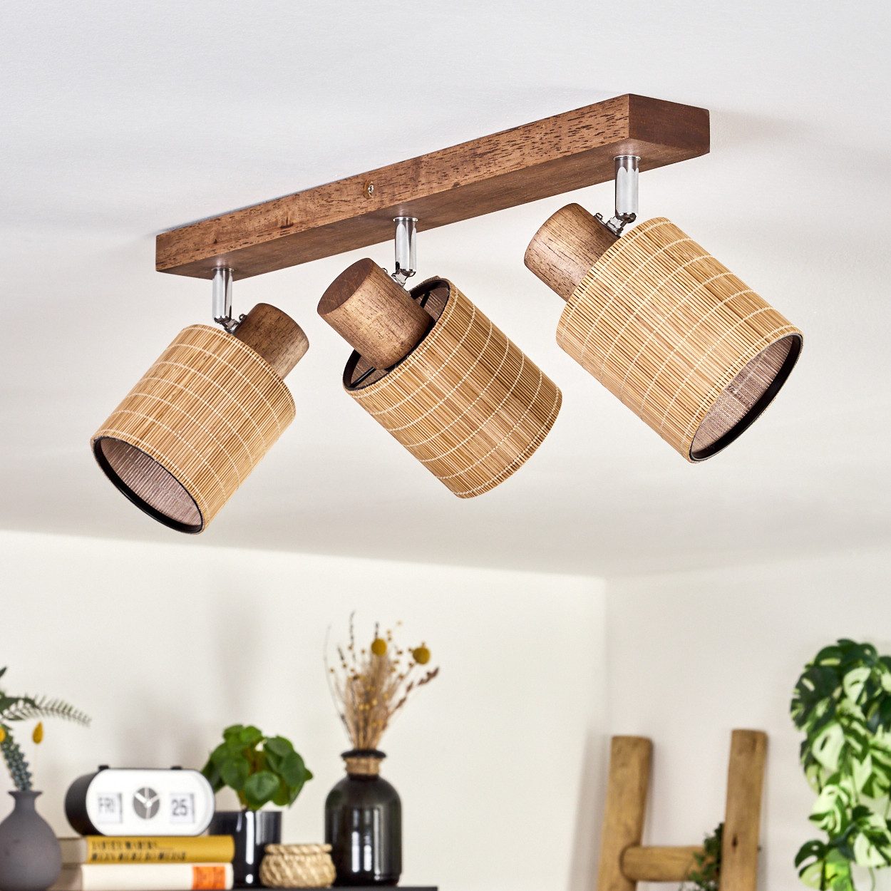 hofstein Deckenleuchte Deckenlampe aus Holz/Metall/Bambus in Dunkelbraun/Chromfarben/Natur, ohne Leuchtmittel, mit verstellbaren Strahlern, 3 x E14, ohne Leucht – Bild 2 von 5