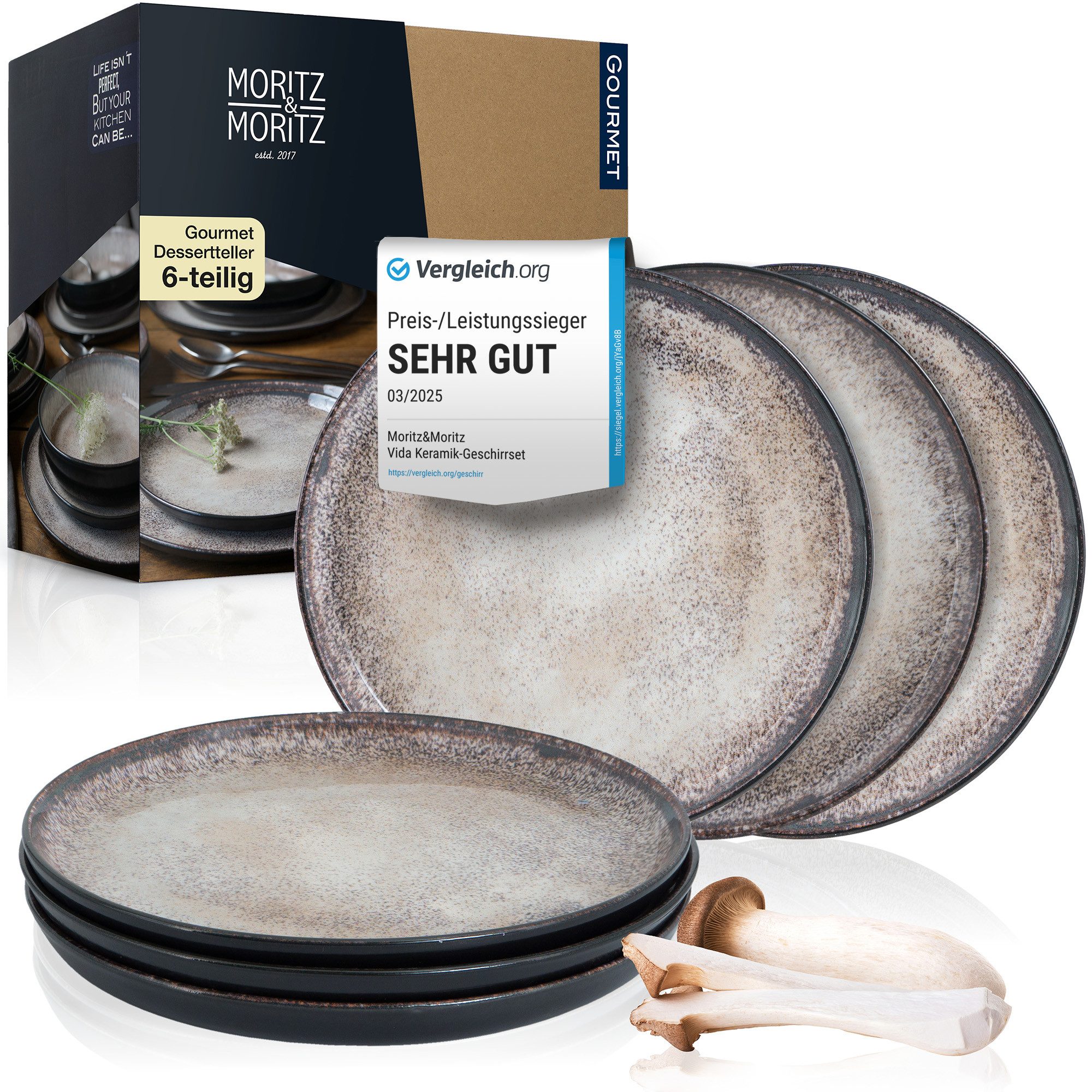Moritz & Moritz Geschirr-Set VIDA Dessertteller für 6 Personen Beige (6-tlg), 6 Personen, Spülmaschinengeeignet, Porzellan Dessertteller