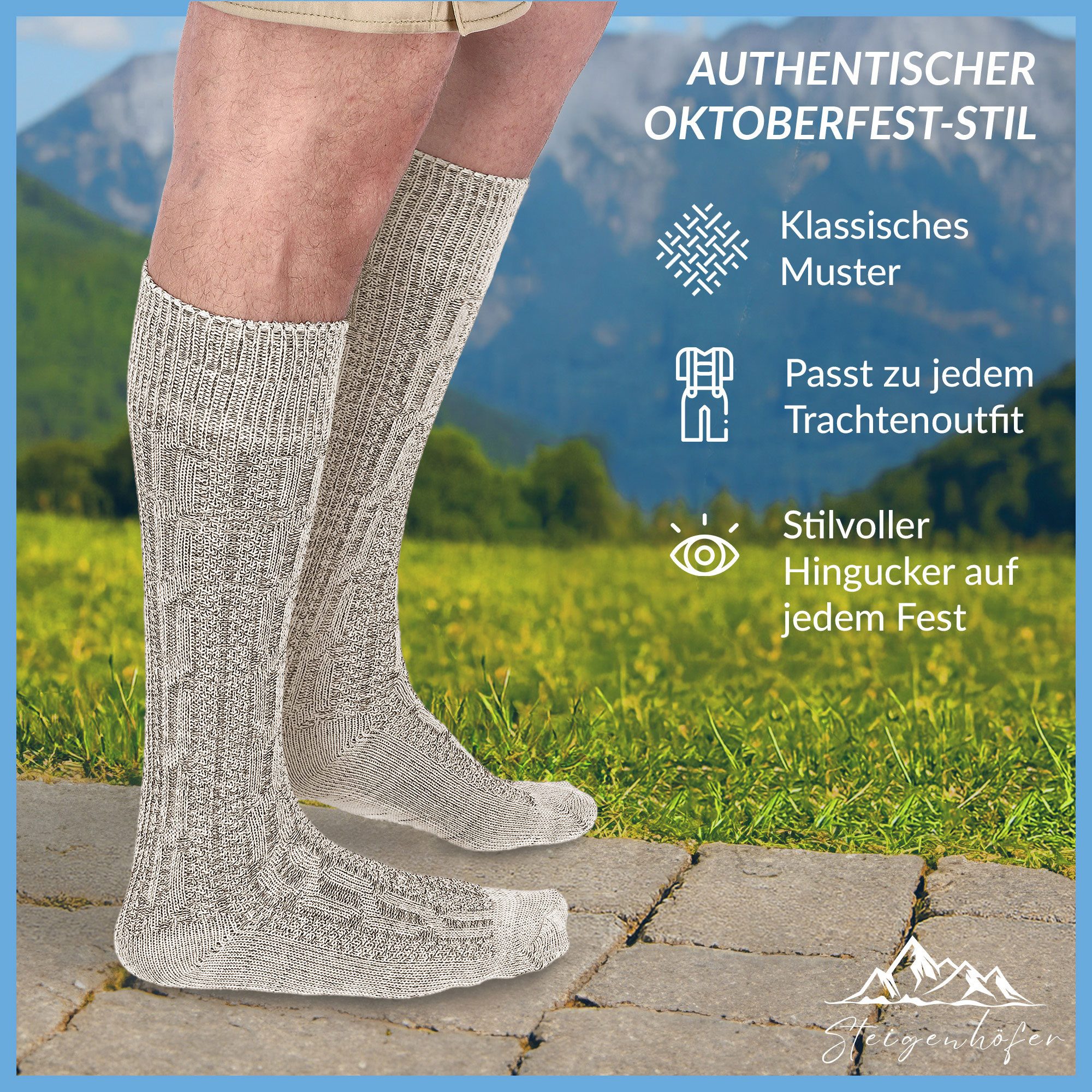 Steigenhöfer Manufaktur Trachtensocken für Herren und Damen – Socken mit Zopfmuster und Edelweißanstecker Oktoberfest Strümpfe aus Baumwolle für Männer & Frauen