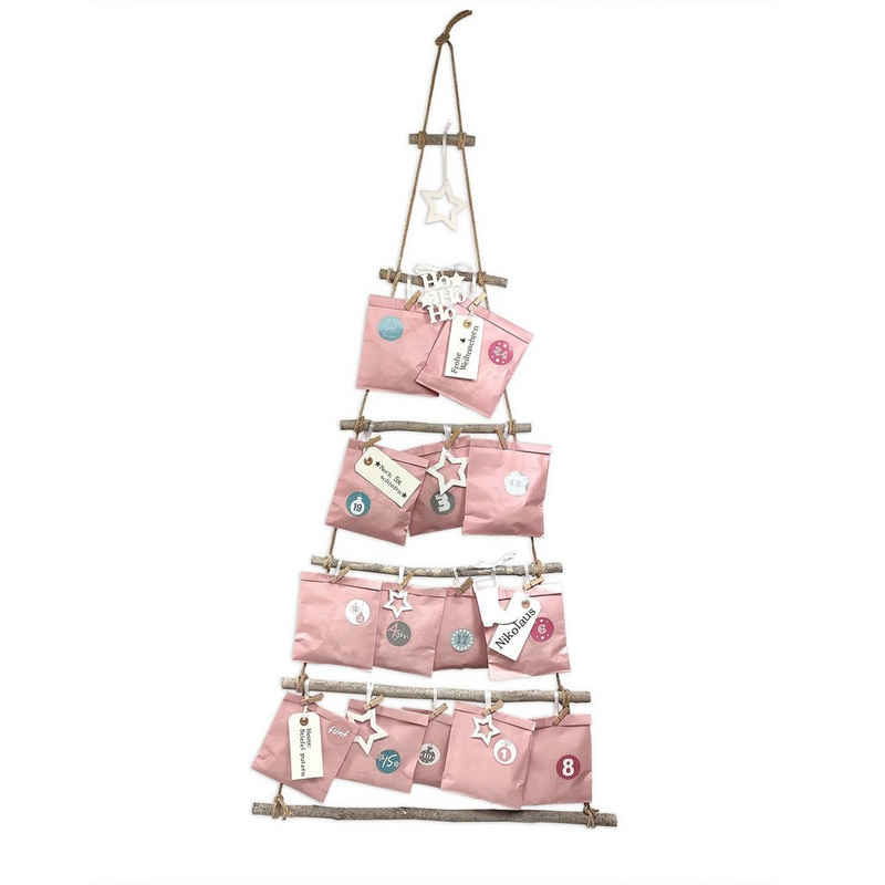 Frau WUNDERVoll Sticker Adventskalender rosa Papiertüten flach Weihnachtsbaum Holz