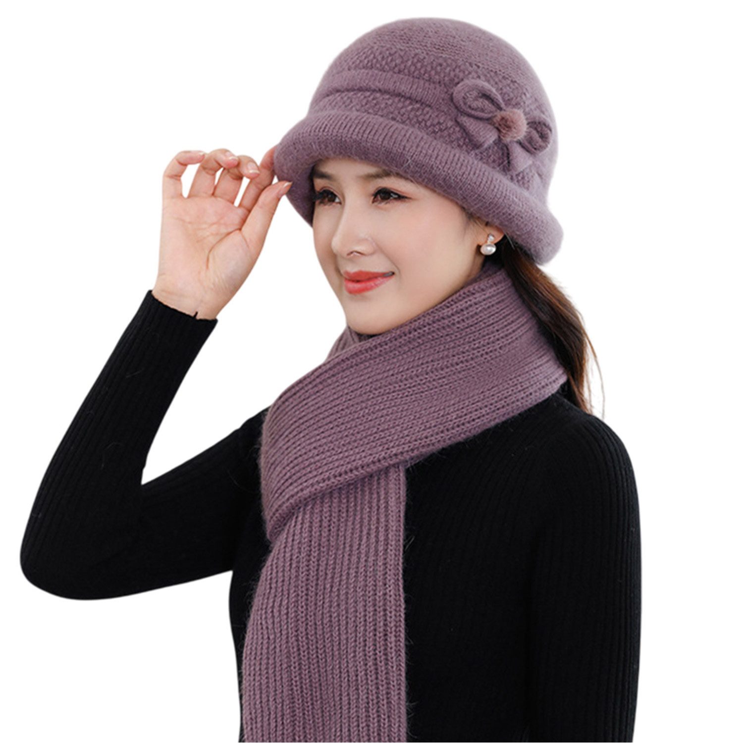 Refttenw Mütze & Schal Handschuh Winter Dickes Strickset 3-tlg Fliege-hellviolett