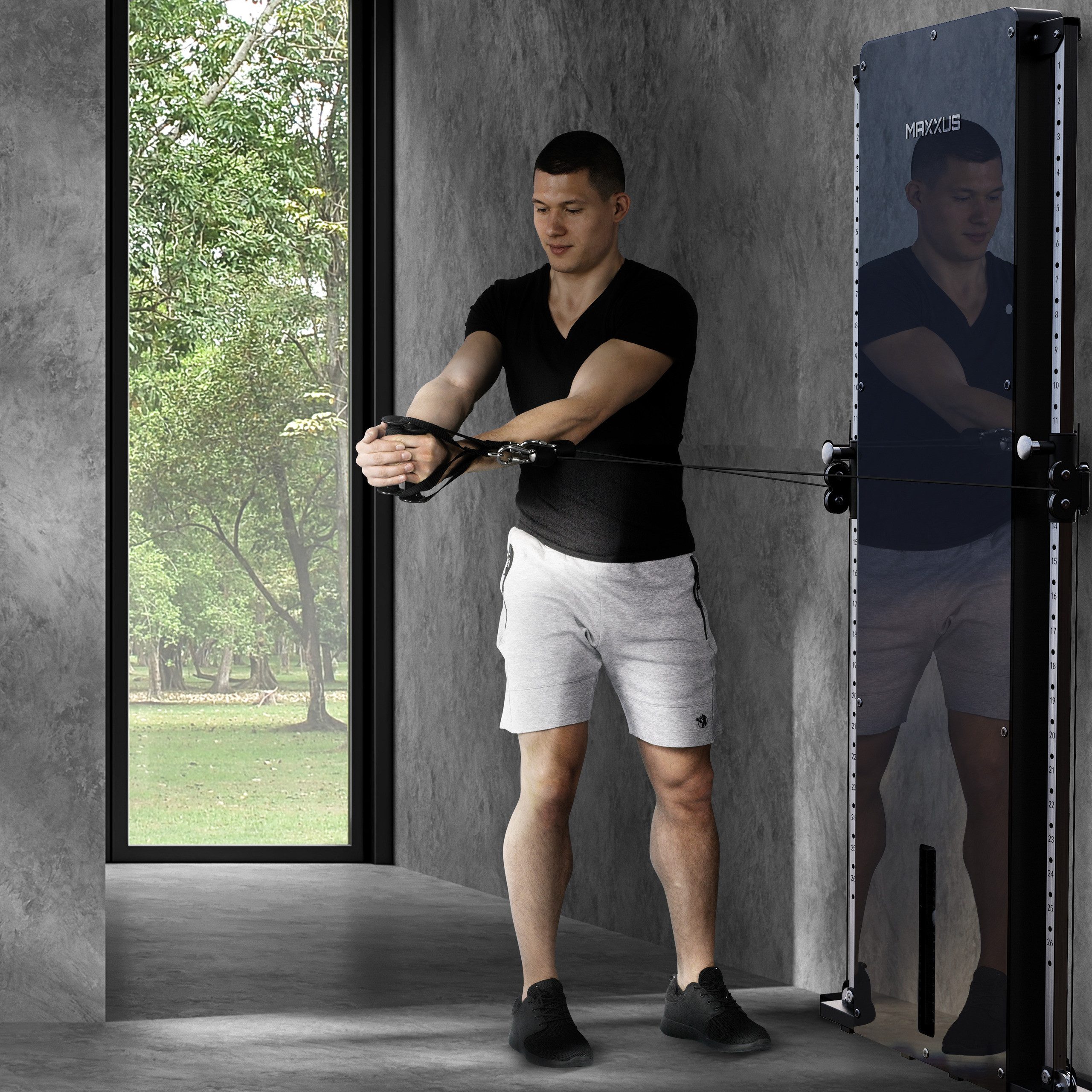 MAXXUS Kraftstation SmartGym H1 - Seilzug Turm, Kabelzug, Fitnessgerät, Kabelzug - Station, (1-tlg), Latzugstation Zuhause, Wandmontage, Doppelzugeinheit, Gewichtsplatten