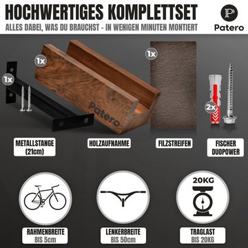 Patero Fahrradwandhalterung Fahrradhalterung Wand aus Walnuss Holz, 20kg Traglast, inkl. Montagematerial & Anleitung