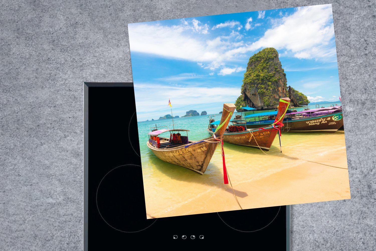 Vinyl, cm, Thailand - 78x78 Boot Felsen, Ceranfeldabdeckung, - (1 Arbeitsplatte MuchoWow küche für Herdblende-/Abdeckplatte tlg),