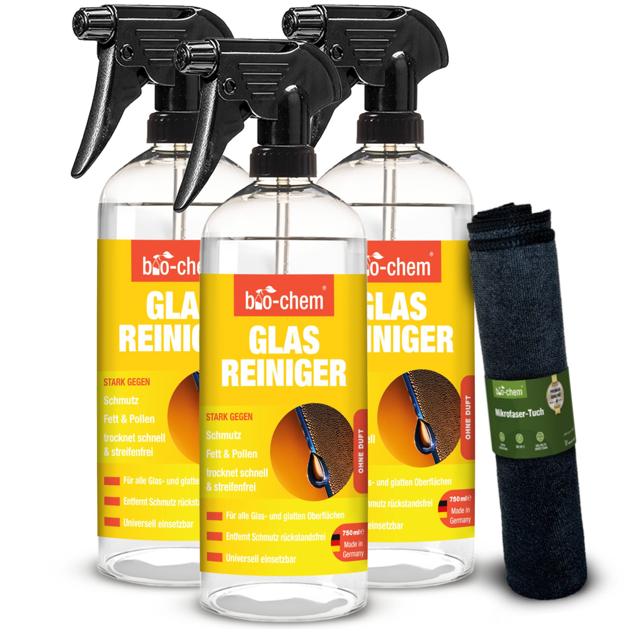 Glasreiniger 3x 750ml – streifenfrei & sanft – bio-chem Glasreiniger