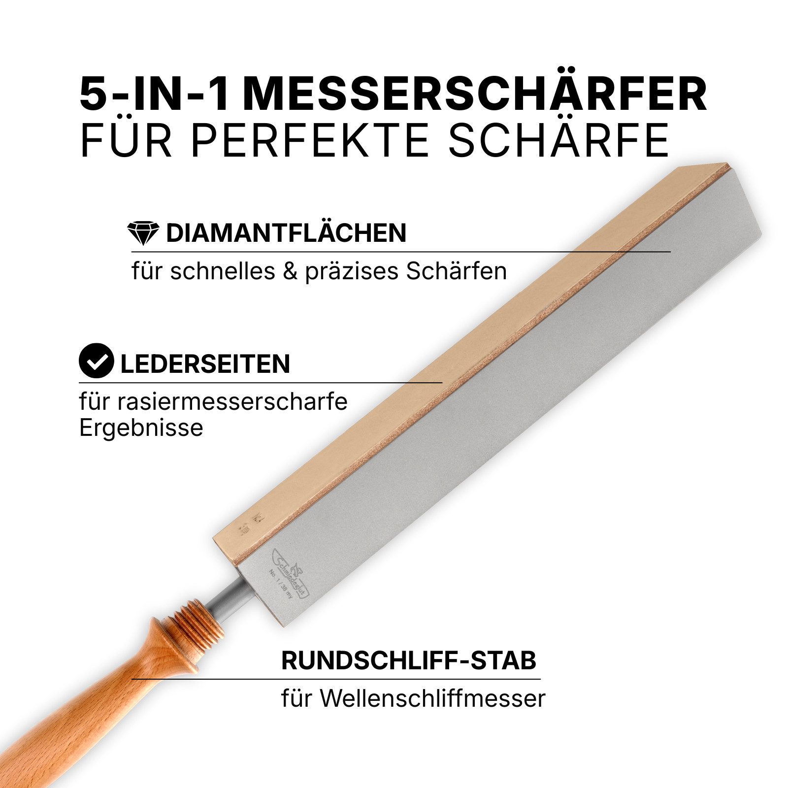 Schmiedeglut Messerschärfer Diamantleder Unlimited 5-in-1 Messerschärfer, Diamant & Abziehleder, Inkl. Rundstab für Wellenschliff, Made in Germany – Bild 3 von 4