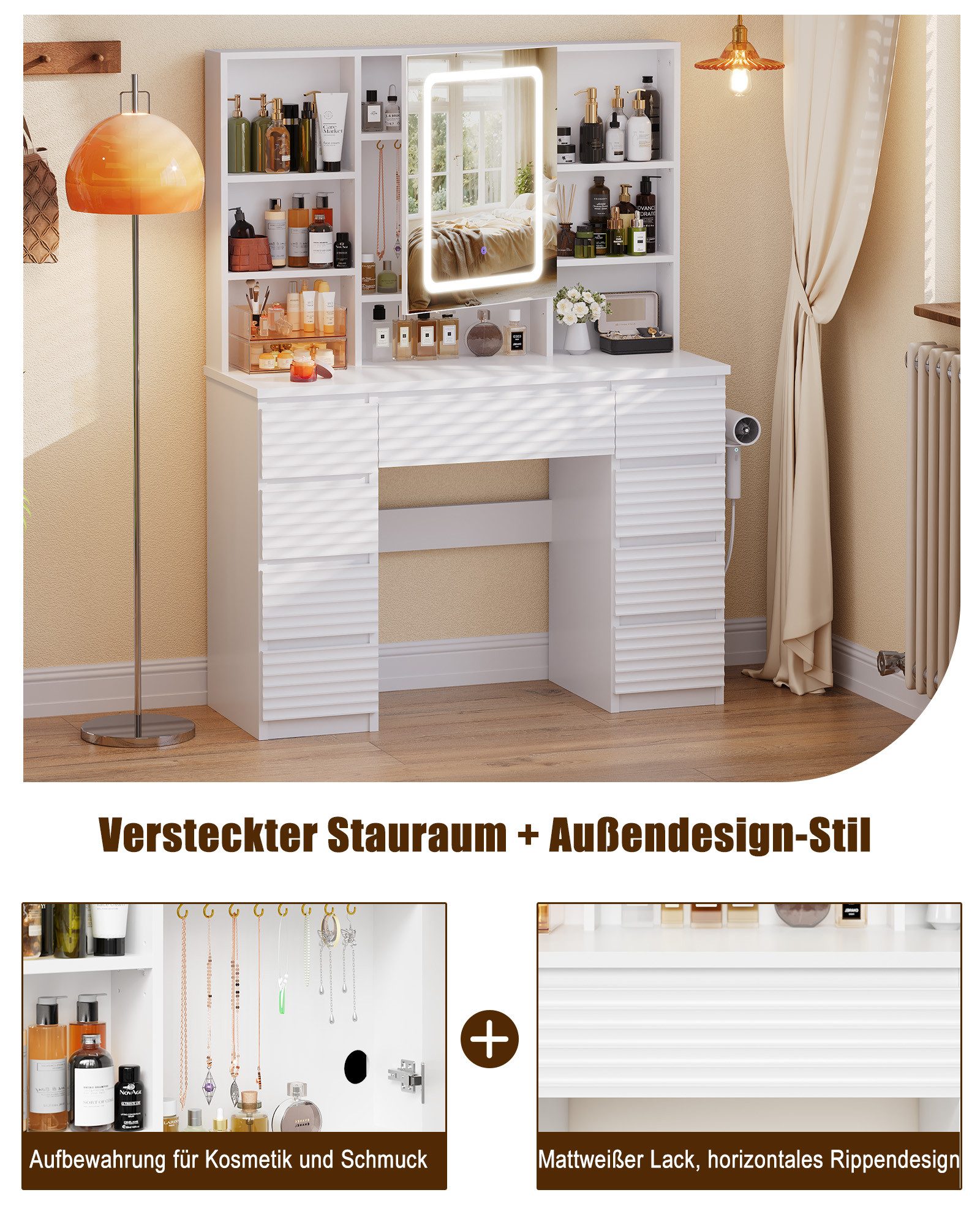 HOMALL Schminktisch LED-Schminkspiegel, schwarz-weißer Schminktisch und Hocker im Set (Kombination aus 9 Schubladen, 7 offenen Fächern und Stauraum hinter dem S – Bild 5 von 5