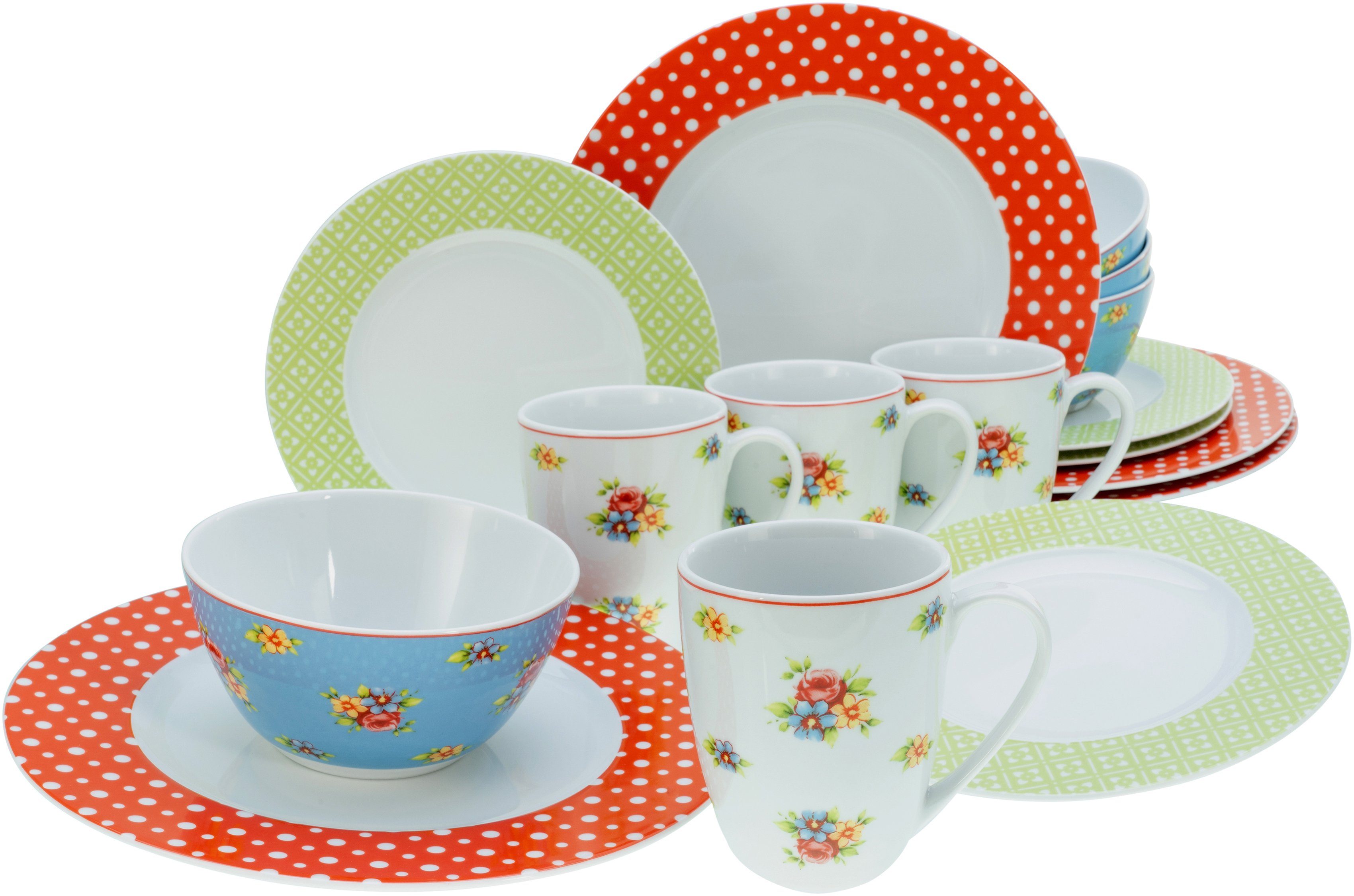 CreaTable Kombiservice Geschirr-Set Emily (16-tlg), 4 Personen, Porzellan, Service, romantisches Blumendekor, 16 Teile, für 4 Personen