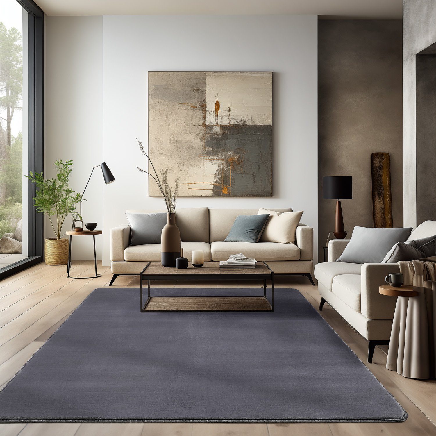 Teppich Unicolor - Einfarbig, HomebyHome, Flauschiger Teppich Wohnzimmer Einfarbig Soft Felloptik Anti-Rutsch Grau | Shaggy-Teppiche