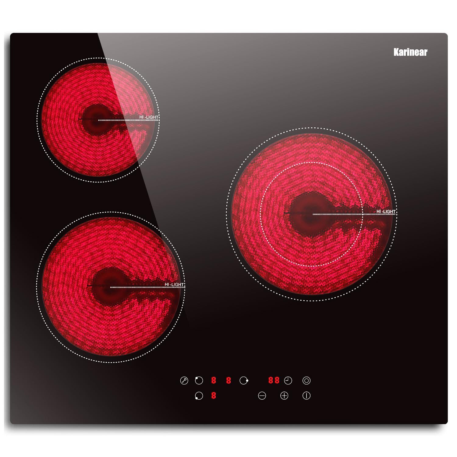 NOXTON Elektro-Kochfeld Autarkes Glaskeramik-Kochfeld 60 cm, Glaskeramikkochfeld 3 Platten, 5200W