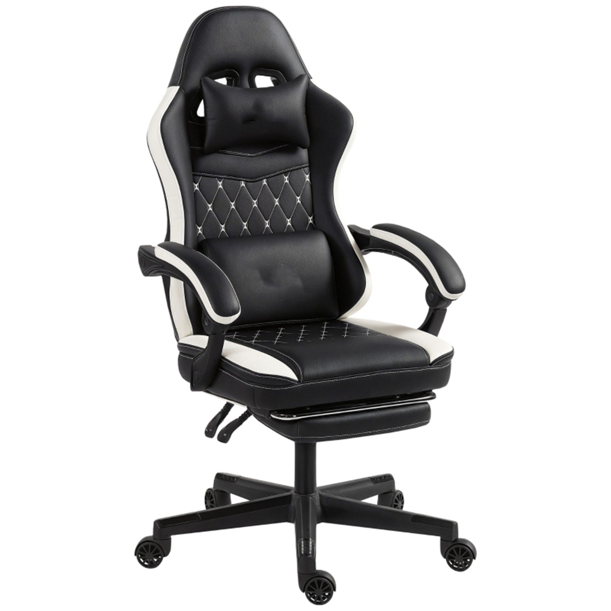 MC Star Gaming-Stuhl mit Fußstütze, Computerstuhl mit Kopfstütze & Kissen (Kunstleder-Bezug, drehbar, höhenverstellbar, Metall, Kunststoff, Schwarz+Weiß)