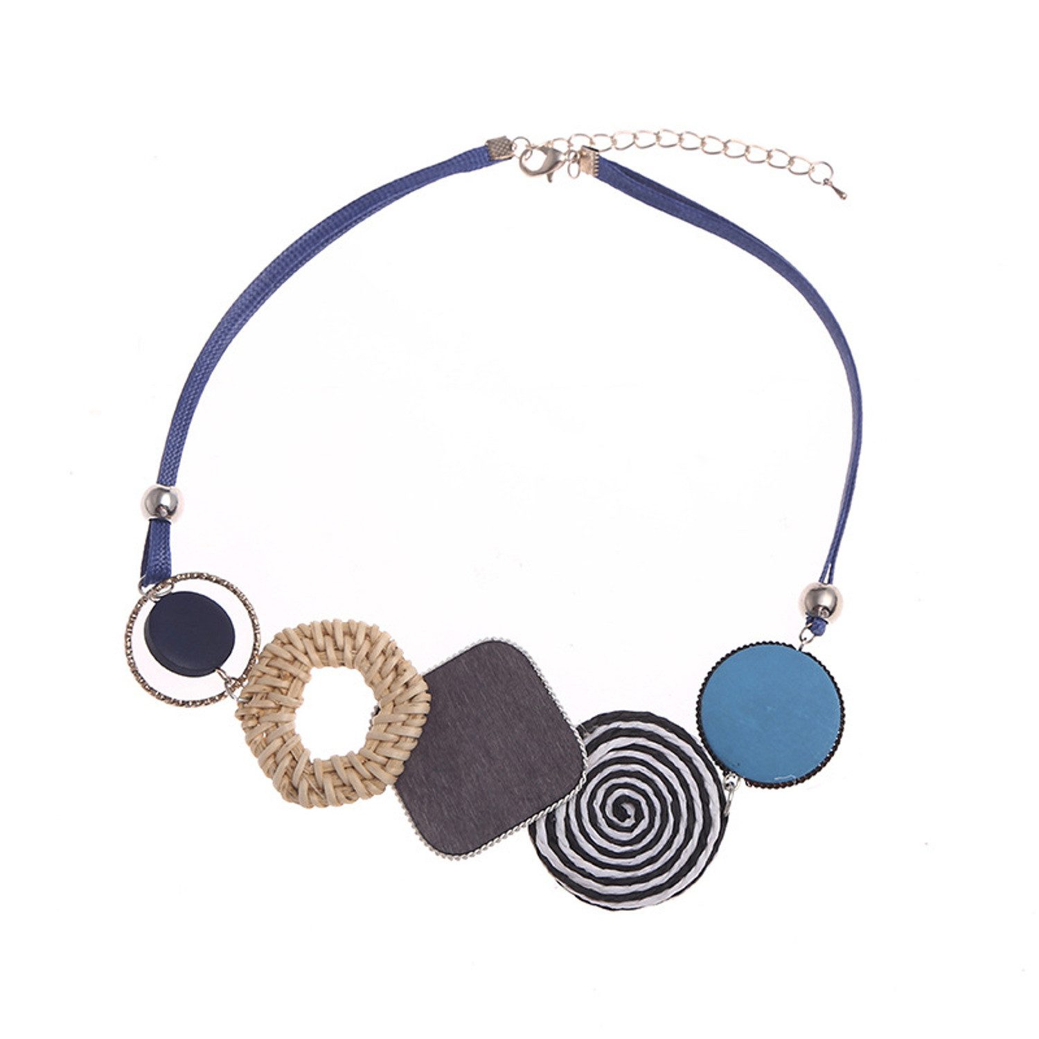 KARMA Statementkette Halskette Damen Holz Blau, Grün od. Braun Textil bunte Kette 48 cm (1-tlg., Holzkette), Schmuck für Frauen Damenhalskette