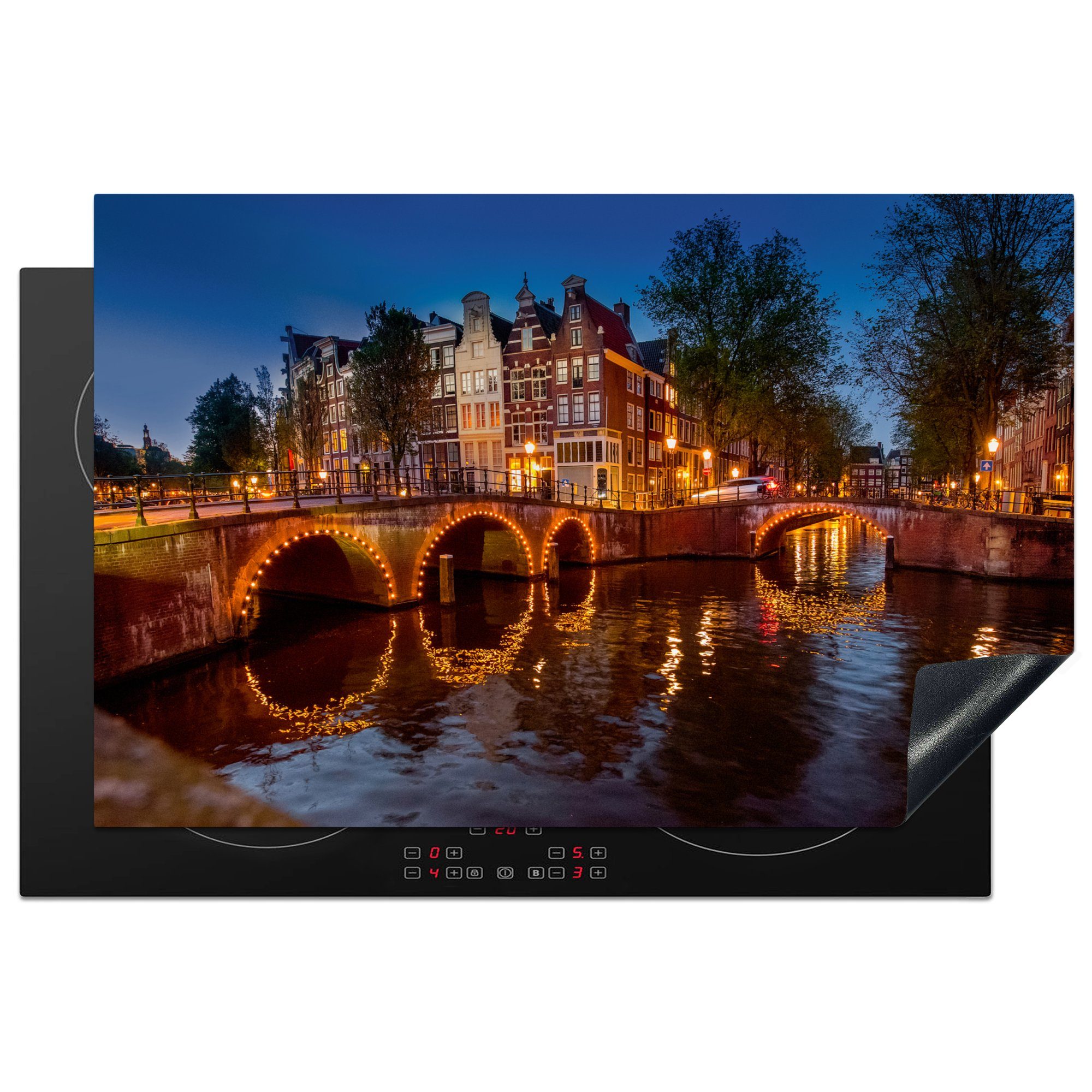 MuchoWow Herdblende-/Abdeckplatte Amsterdams Keizersgracht mit einer beleuchteten Brücke, Vinyl, (1 tlg), 81x52 cm, Induktionskochfeld Schutz für die küche, Ceranfeldabdeckung