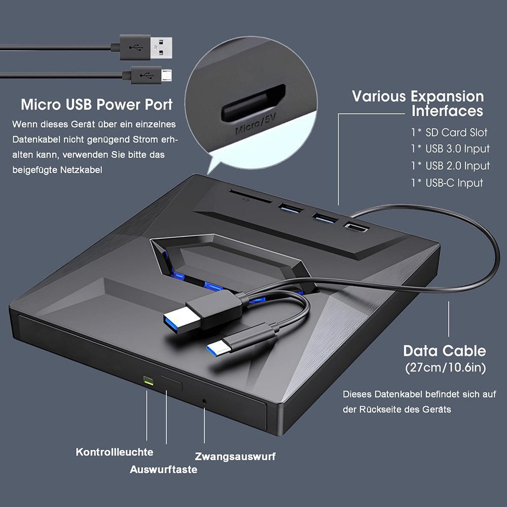 XERSEK Externes Blu Ray CD DVD Laufwerk Blu-ray-Brenner (USB 3.0 Type-C mit SD/TF Micro USB, Portable CD DVD Extern Bluray Writer Drive, für Laptop Desktop Macbook Windows 7/8/10/11 Mac OS)