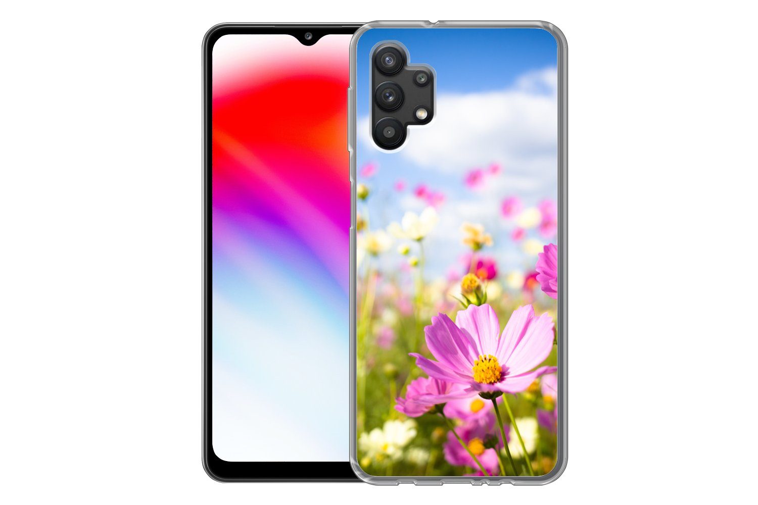 MuchoWow Handyhülle für Samsung Galaxy A32 5G Blumen - Wiese - Lila - Gras - Weiß - Wolken, Smartphone-Bumper, Print, Handy Schutzhülle Dünn