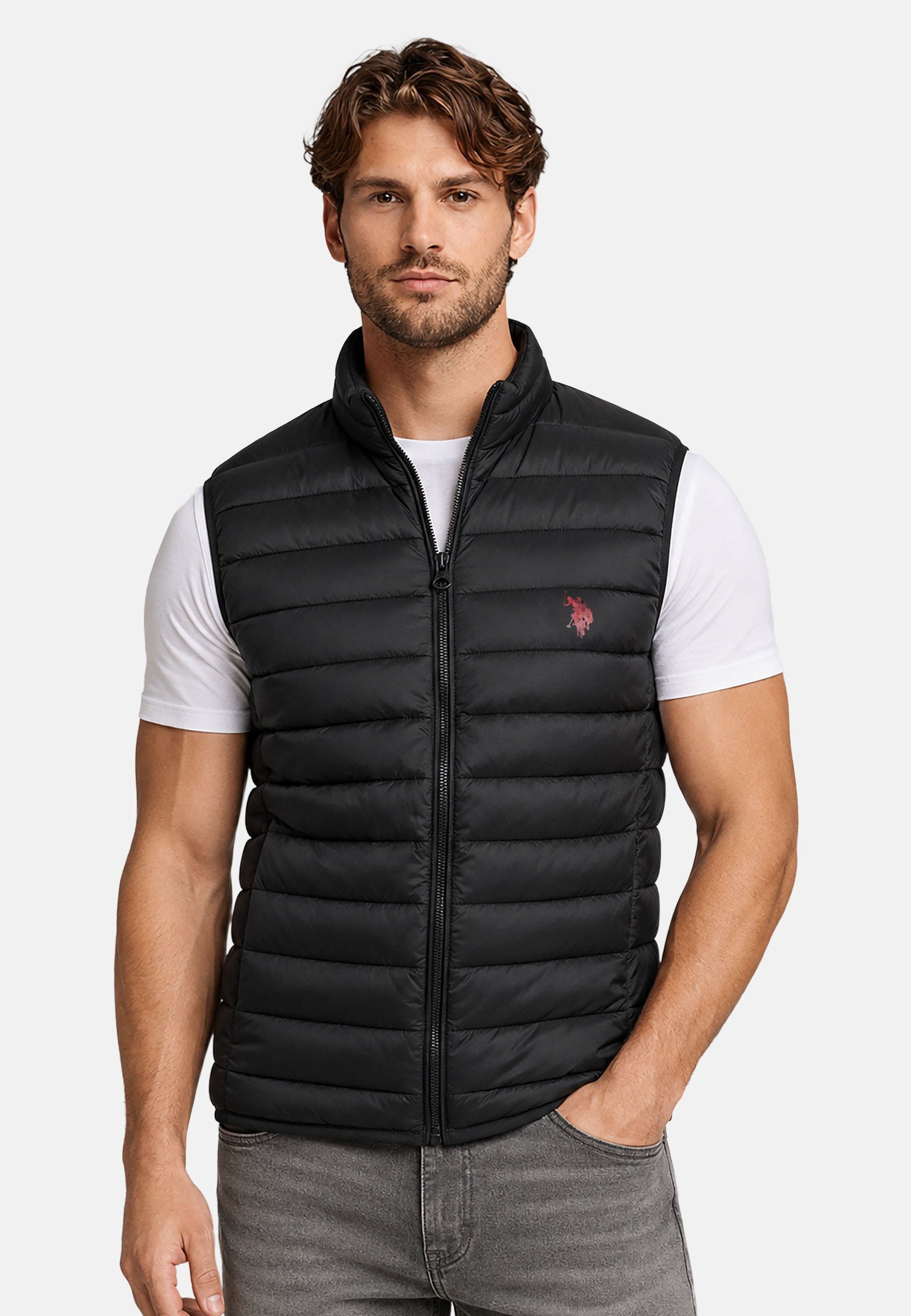 U.S. Polo Assn. Steppweste mit Stehkragen und versteckten Reißverschlusstaschen Leicht wattierte Weste mit geradem Schnitt und praktischem Packbeutel