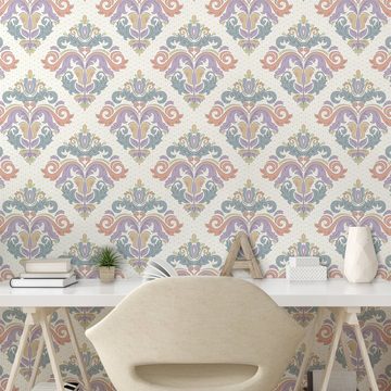 Abakuhaus Vinyltapete selbstklebendes Wohnzimmer Küchenakzent, Blumen Pastell Modernisierte Damast