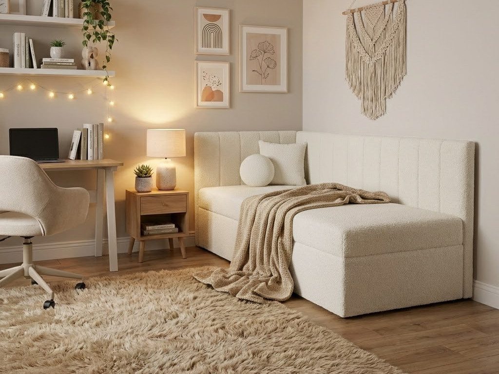 Beautysofa Einzelbett 90×200 mit Bettkasten RAFI (modernes Eckbett aus Bouclé-Stoff, für Kinder- und Jugendzimmer), mit Topper und Kissen