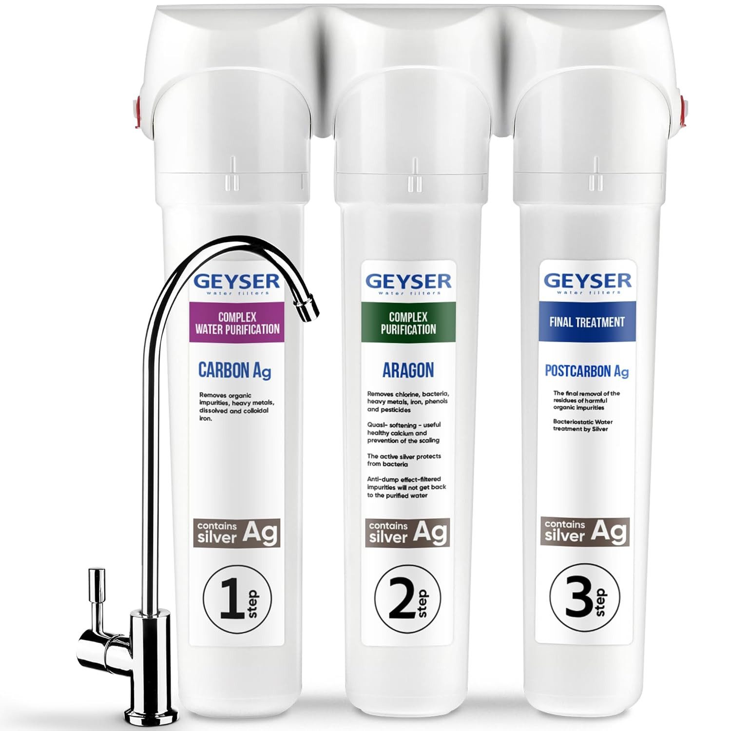 GEYSER water filters Wasserfilter Geyser Smart Filter Untertisch Wasserfilter mit 3-Stufen Kartuschen, ARAGON + CATALON