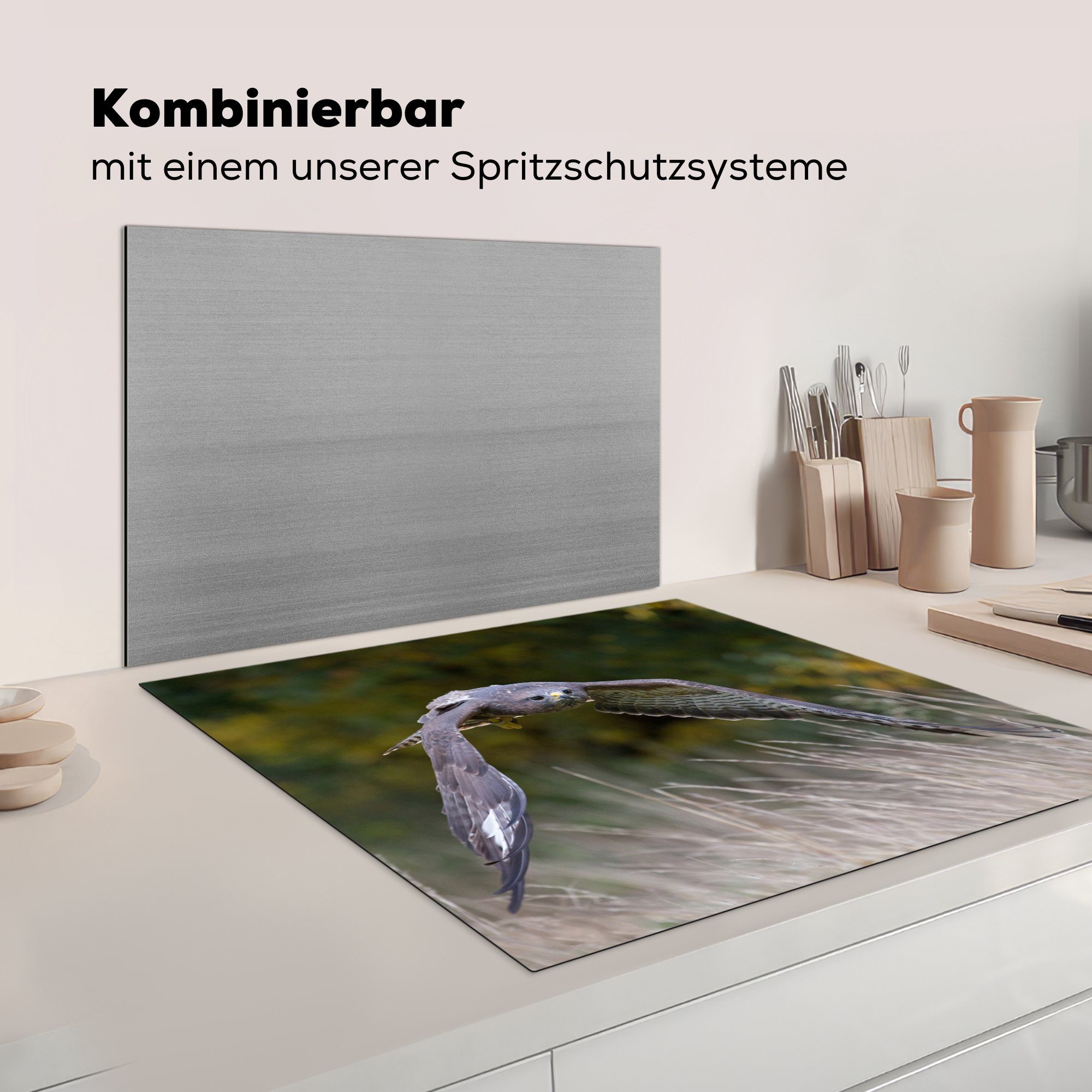 Herdblende-/Abdeckplatte Ceranfeldabdeckung, MuchoWow cm, (1 Bussard küche Vinyl, - Gras, tlg), 78x78 für Himmel - Arbeitsplatte