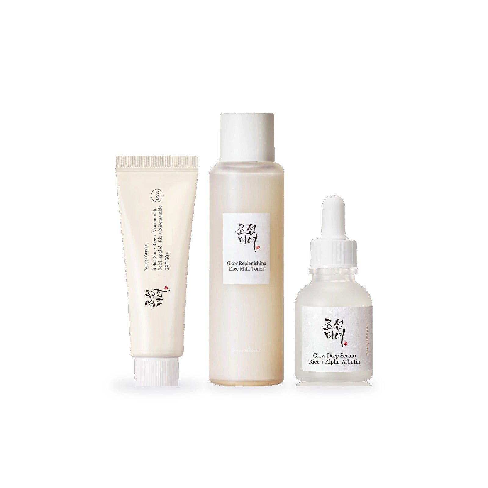 Beauty of Joseon Gesichtspflege-Set Glow-Routine Reis: Rice Milk Toner, Glow Deep Serum, Relief Sun, 3-tlg.