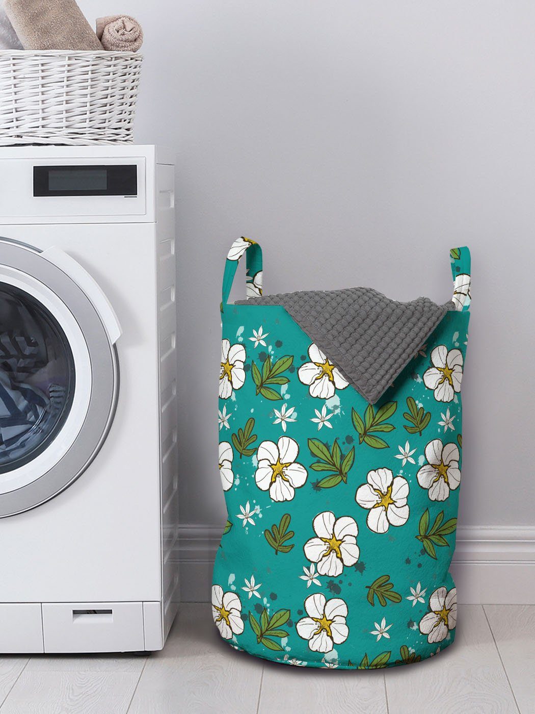 Griffen Wäschesäckchen Wäschekorb mit Blumen Kordelzugverschluss Blumen-Grafik Waschsalons, Blätter Abakuhaus für und