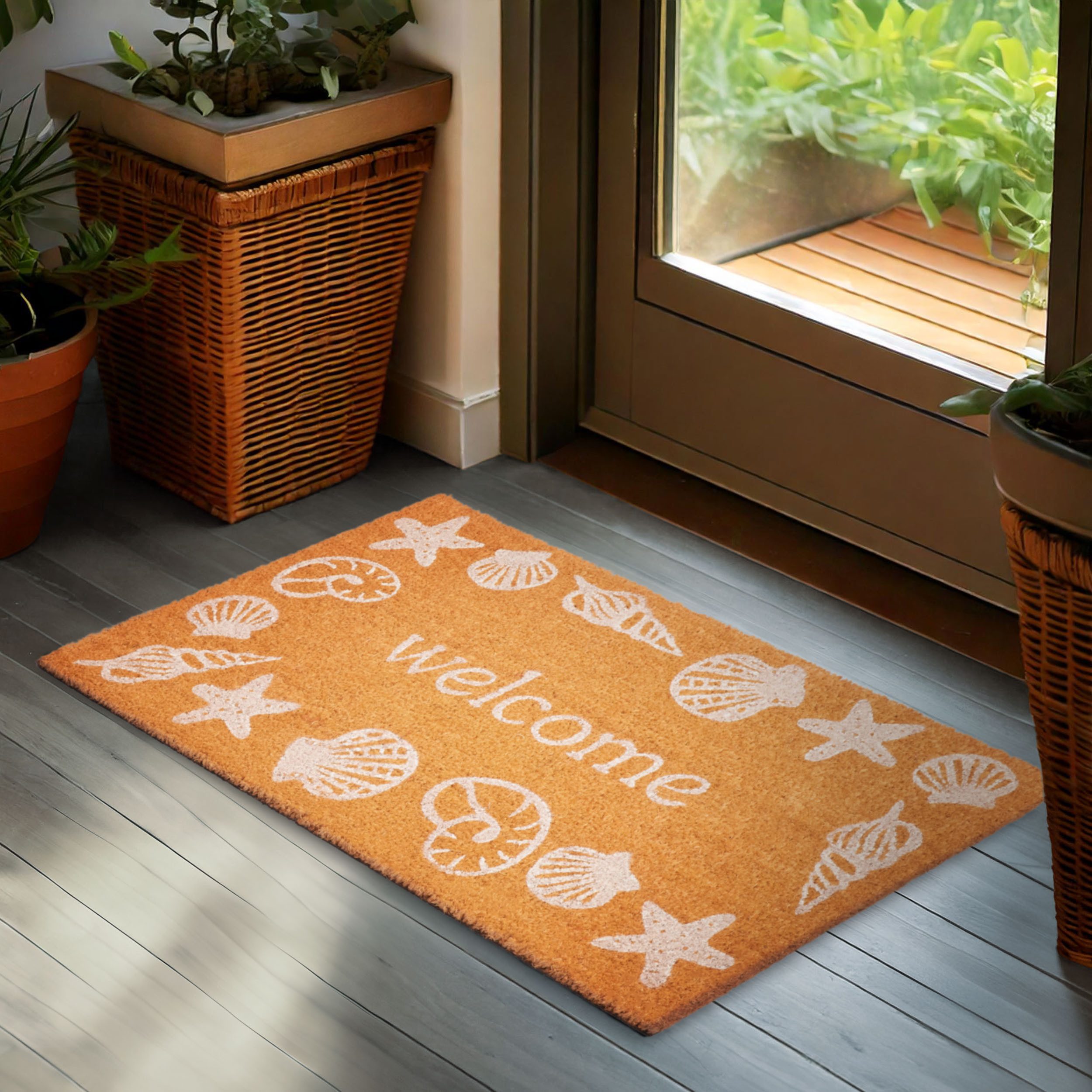 BRUBAKER Fußmatte Welcome - 45 x 75 cm Schmutzfangmatte Muscheln und Seesterne - Braun, Rechteckig, Höhe: 16 mm, Fußmatte für Außen und Innen aus Kokos - Wetterfest und Rutschfest