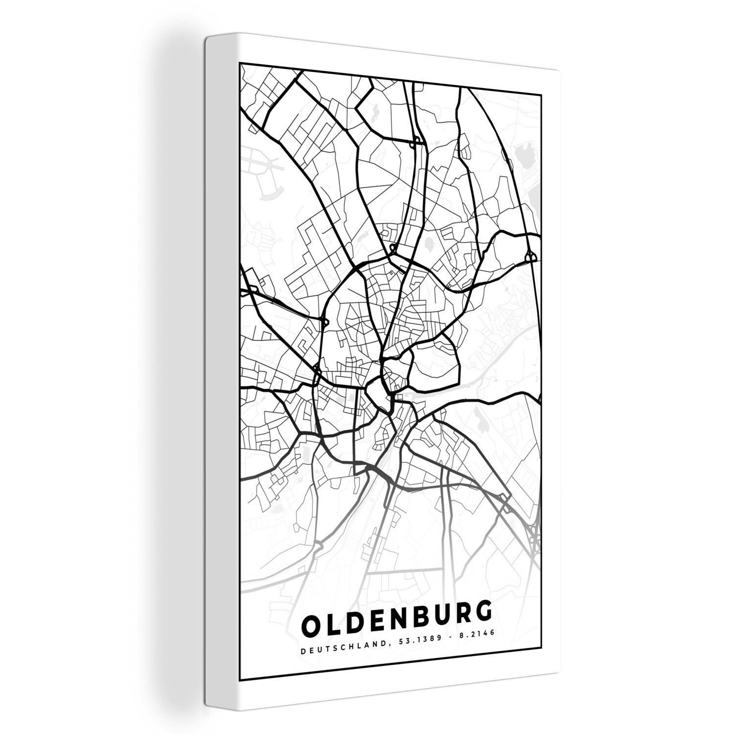 OneMillionCanvasses® Leinwandbild Karte - Karte von Oldenburg, (1 St), Leinwandbild fertig bespannt inkl. Zackenaufhänger, Gemälde, 20x30 cm