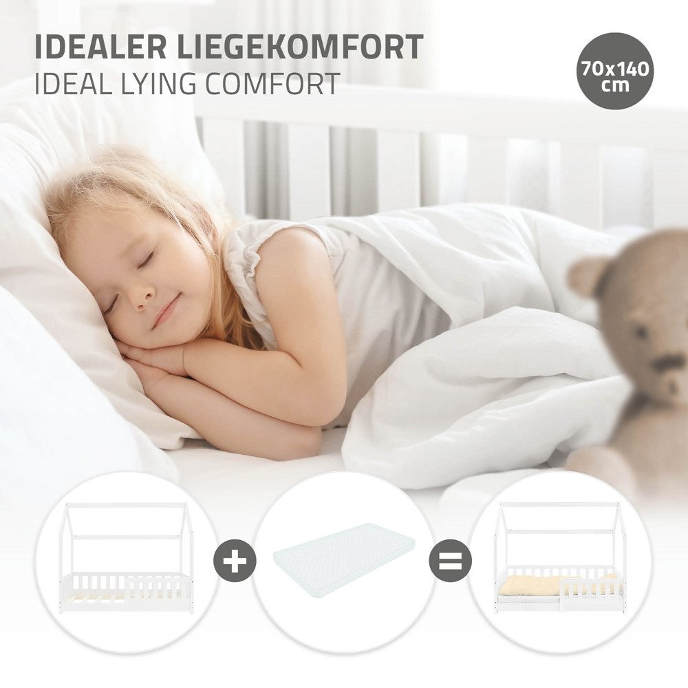 ML-DESIGN Spielbett Hausbett Kinderbett inkl. Lattenrost kreativ Bodenbett für Kinder, Abenteuerbett zum Spielen mit Rausfallschutz Kiefer Weiß Himmelbett – Bild 4 von 5