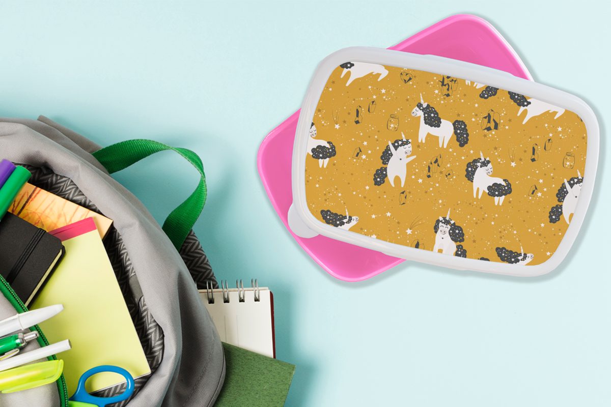 MuchoWow Lunchbox Mädchen - Einhorn Brotdose - für Mädchen - Kinder Kinder - - Snackbox, Mädchen, Muster - - rosa Kinder, Brotbox Sterne Erwachsene, Kunststoff, Kunststoff (2-tlg), Kind