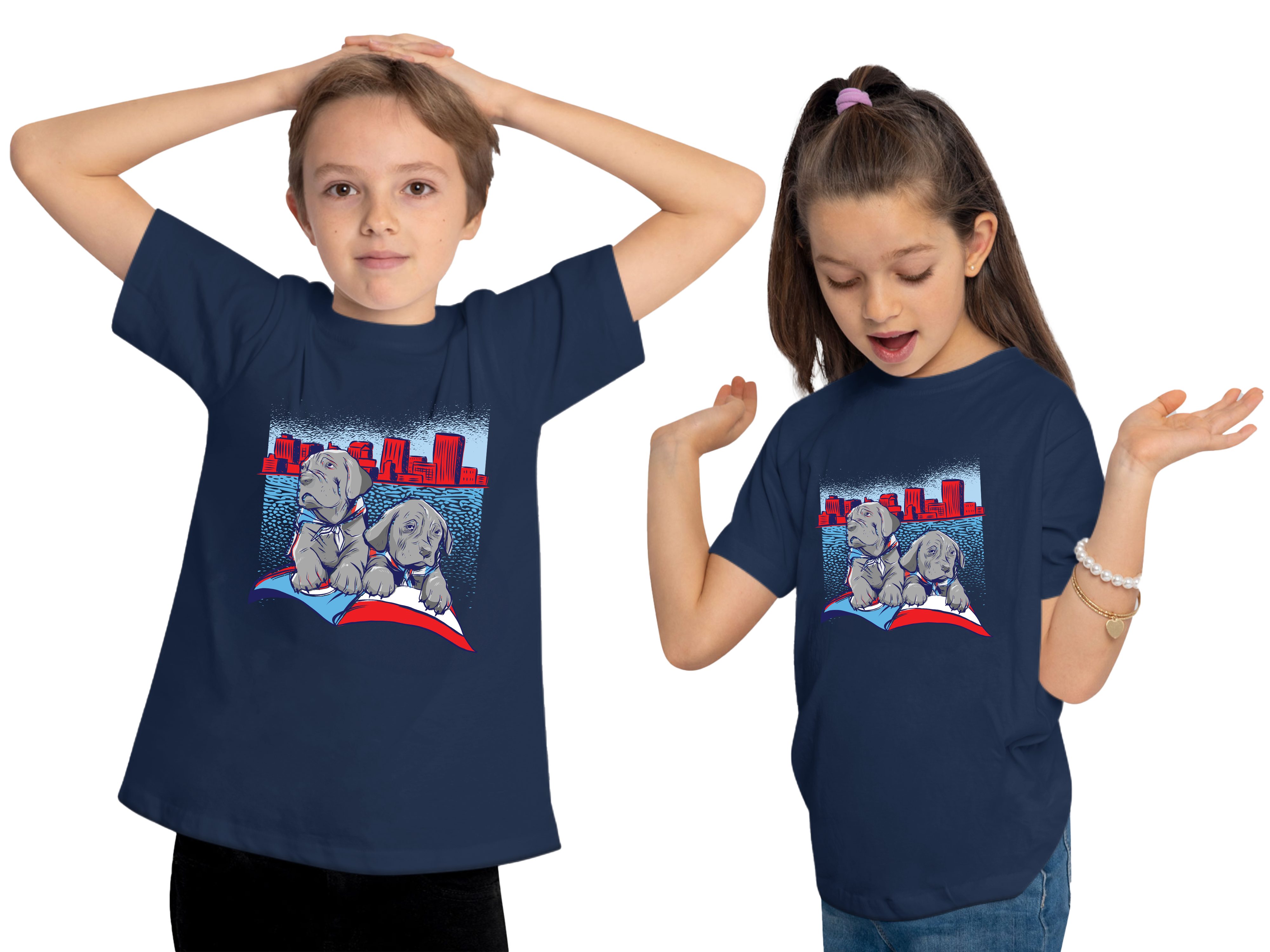 - navy i231 bedruckt Print-Shirt mit süße Hunde blau Kinder Hundewelpen 2 Baumwollshirt MyDesign24 T-Shirt Aufdruck,