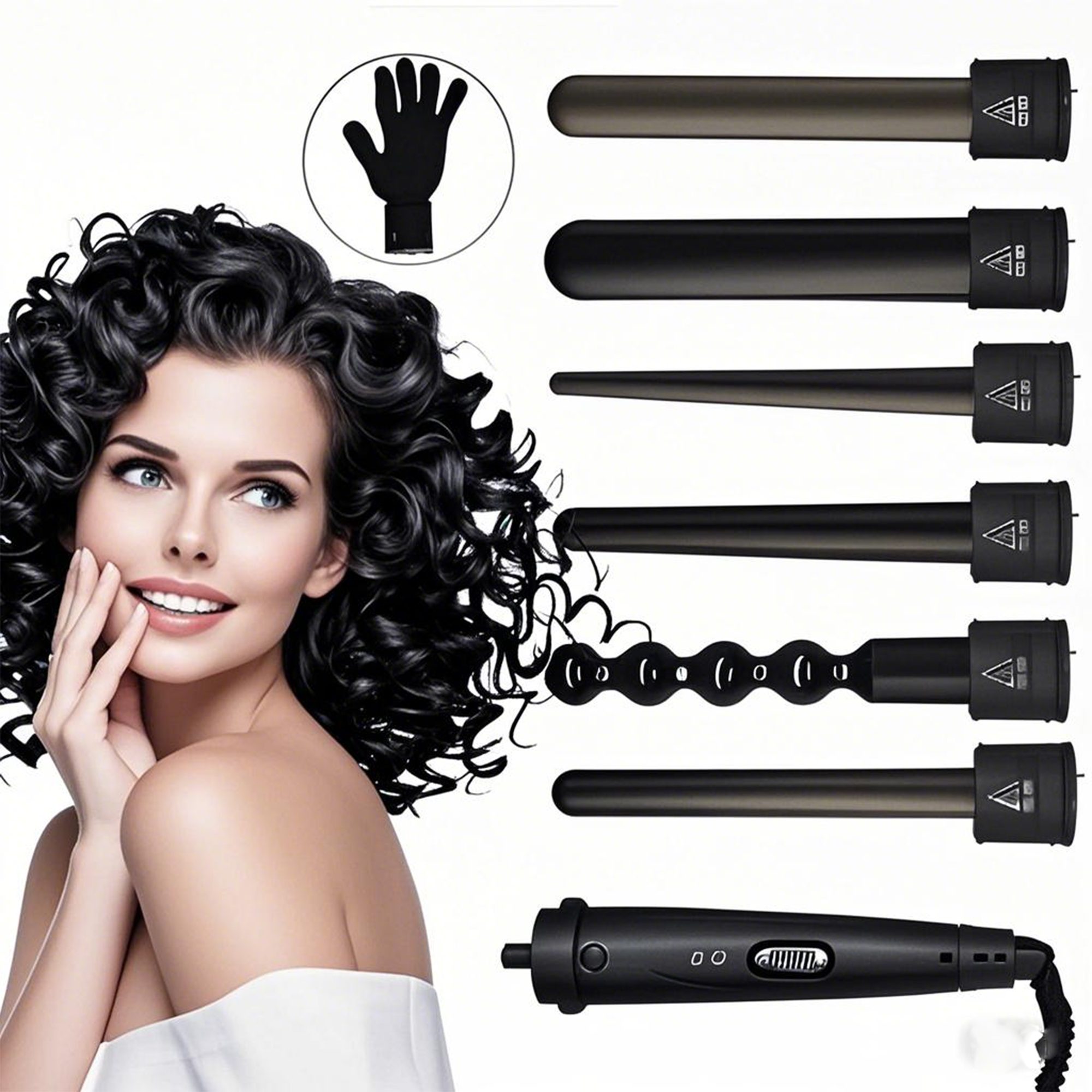 YINDN Lockenstab, 6 in 1 Lockenstäbe mit 2 Temperaturen, 190℃/210℃ Lockenwickler Set mit 6 Austauschbare Stäben, Keramikbeschichtung Haarlockenstab, für Lockenstyling, Hochzeit, Party