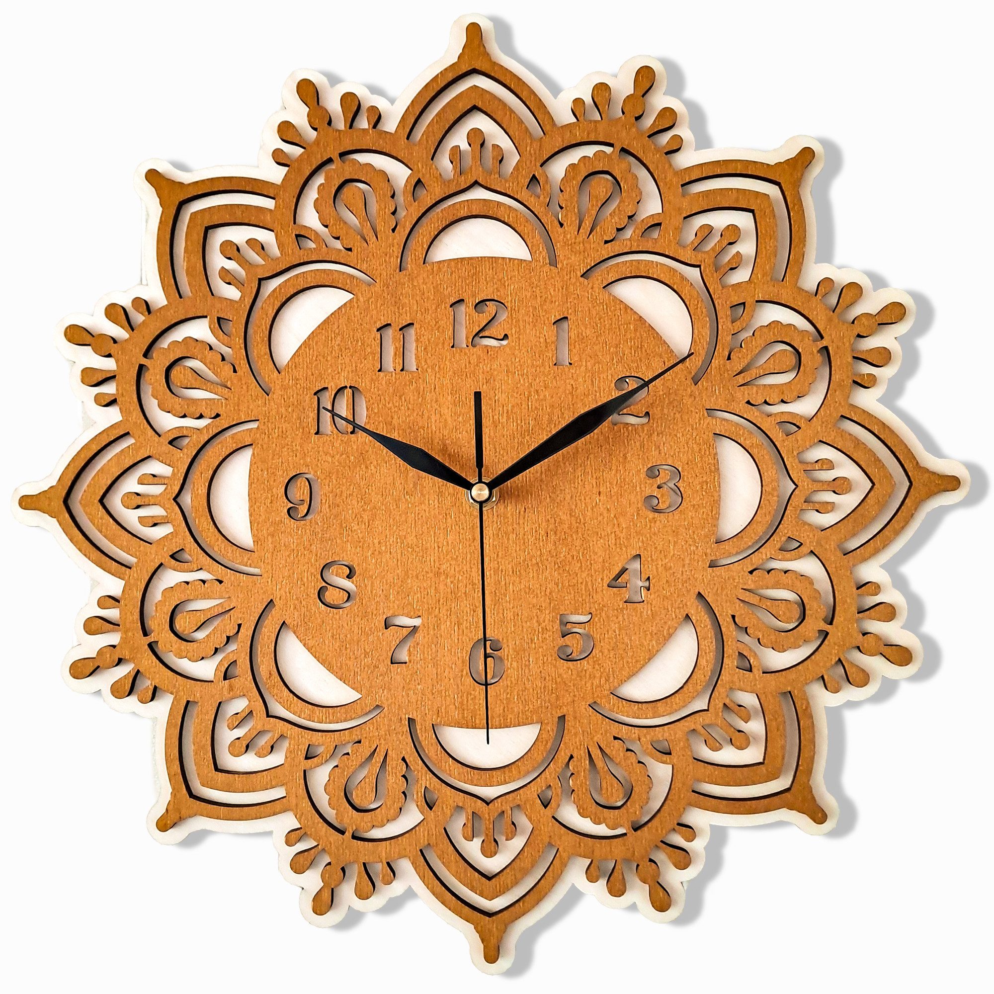 ORNAMENTI Wanduhr Grosse, modern, holz, hingucker Wanduhr, Mandala, Yoga, Blumen (ohne Ticken, Wanddeko, Holzdeko, 3 Größen 40, 50, 60 cm)